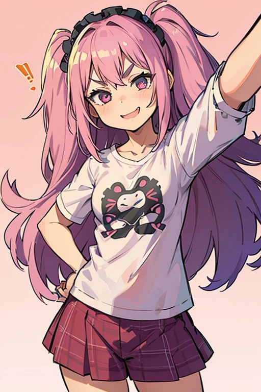 Girl with pink hair, long double-tailed hairstyle, ((small pink bushy eyebrows)), wearing lolita clothing, shorts, marked vagina, lolicon (Zankuro) drawing style by zankuro artist, Zancro style, image uploaded to R34, flirty smile, take a selfie, close-up, ((showing a breast outside the shirt)), (squeezing a breast with her hand) face very close to the camera, moan and drool) happy face cheeky smile