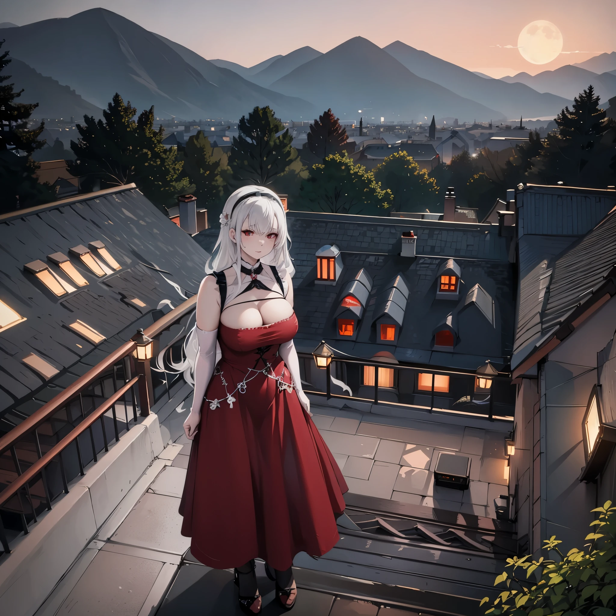 A woman wearing a red dress, white hair, red eyes, big breasts, on a roof of a modern house, with a view of a large forest at night, with local lighting, a moon, mountains in the background,HDR , ultra resolution, very detailed, masterpiece, HD 8K, (solo, just one girl)
