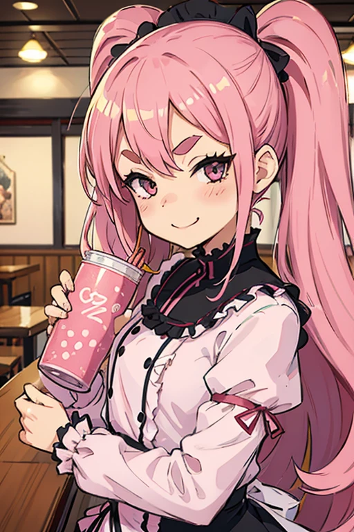 Girl with pink hair, long double-tailed hairstyle, ((small pink bushy eyebrows)), wearing lolita clothing, , lolicon (Zankuro) drawing style by zankuro artist, Zancro style, image uploaded to R34, flirty smile, take a selfie, close-up, showing one breast outside the shirt, face very close to the camera, moan and drool) happy face wavy smile , showing pubis, in restaurant
