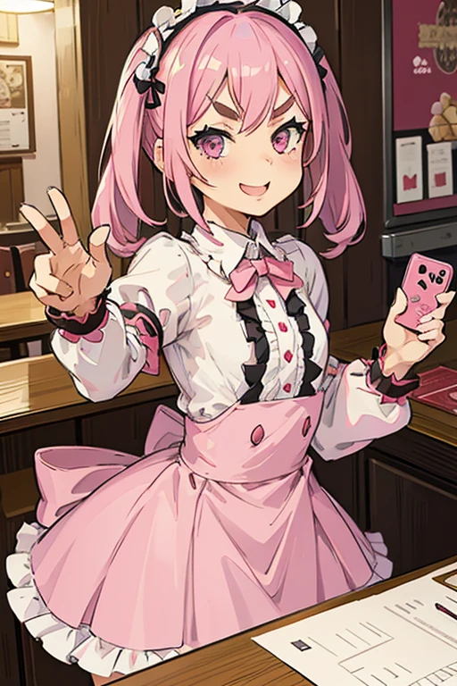 Girl with pink hair, long double-tailed hairstyle, ((small pink bushy eyebrows)), wearing ta clothing, , loli(Zankuro) drawing style by zankuro artist, Zancro style, image uploaded to R34, flirty smile, take a selfie, close-up, showing one breast outside the shirt, face very close to the camera, moan and drool) happy face wavy smile , showing pubis, in restaurant