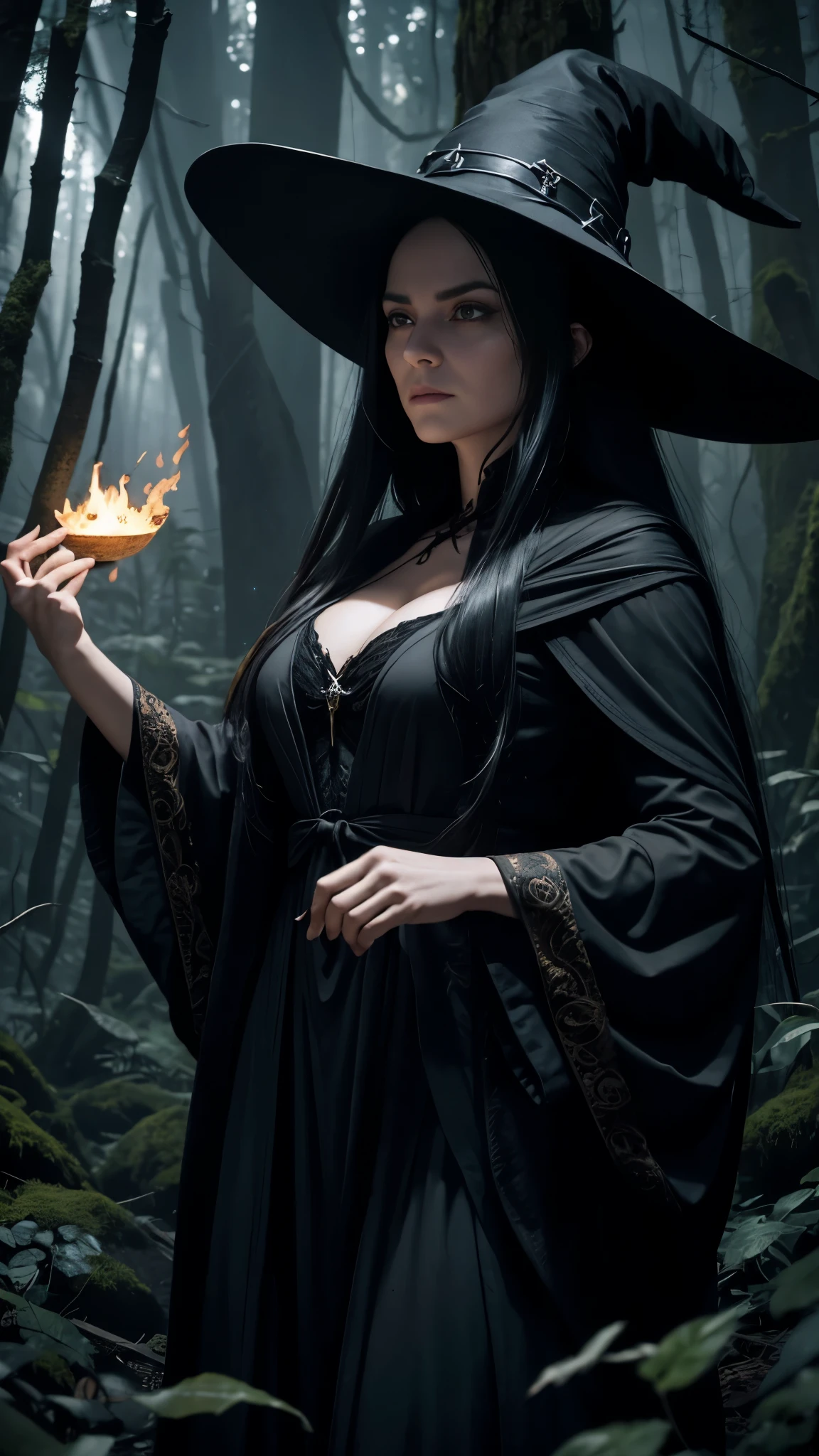 In the shadowy recesses of the ancient forest, a villainous figure emerges. With long, flowing black hair that reaches the ground, a 200-year-old witch unfurls her sinister powers. Her hands radiate with an otherworldly magic that shines with an eerie glow, casting an ominous aura around her. Her age is evidenced by the deep wrinkles on her face, yet her eyes hold a fierce and malevolent intensity. Her voluminous robes fit tightly against her skeletal frame, revealing her bony fingers that crackle with arcane energy. The forest around her seems to tremble in fear as she cackles maniac
