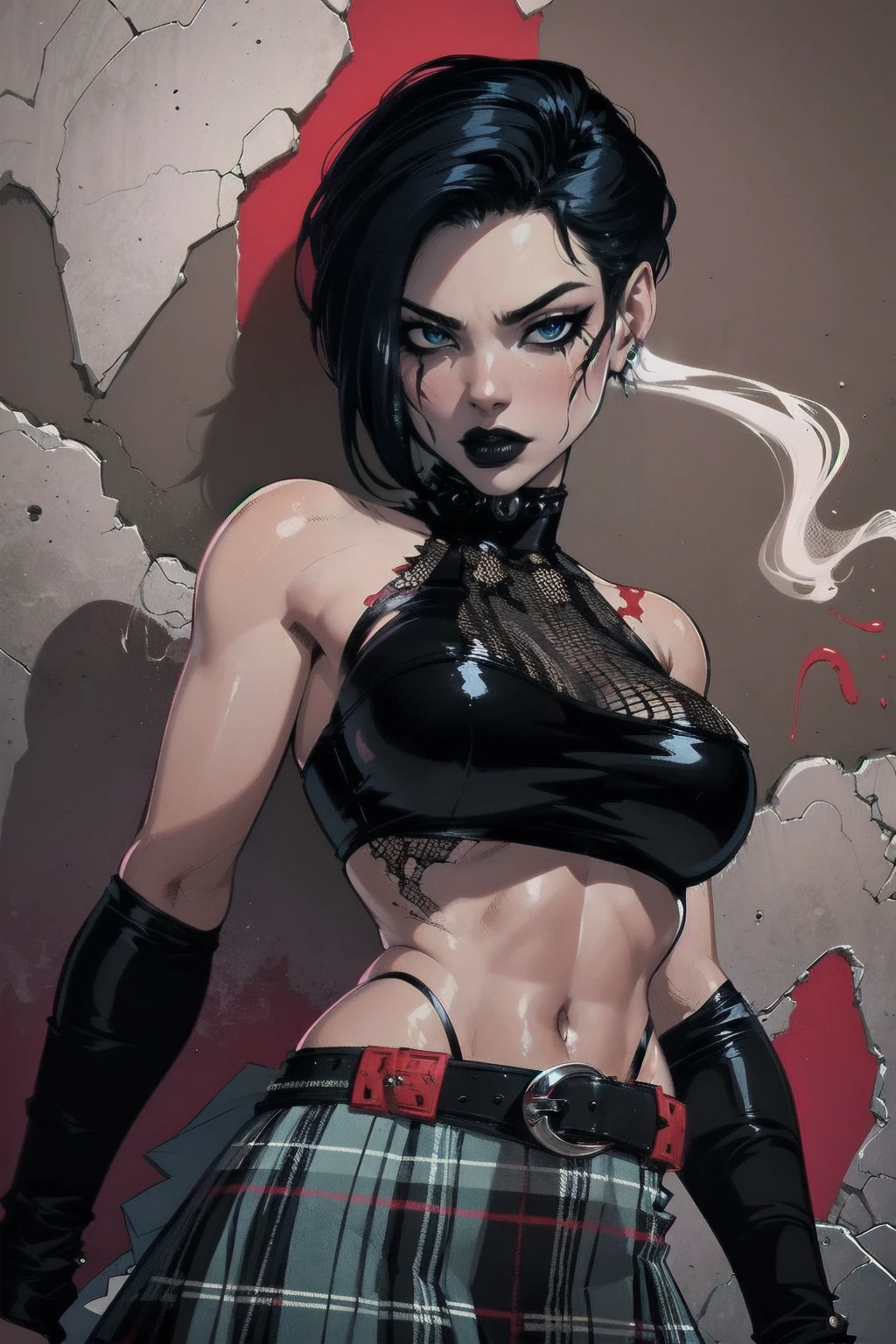 a woman with short black hair, hair on shoulders,  wearing a red cropped  and plaid skirt, blue eyes, zombie art, gothic art, cute aesthetic with vibe, toon aesthetic, wearing red costume, wearing gothic accessories, look like Cassie Hack, upper body, red background, smoking