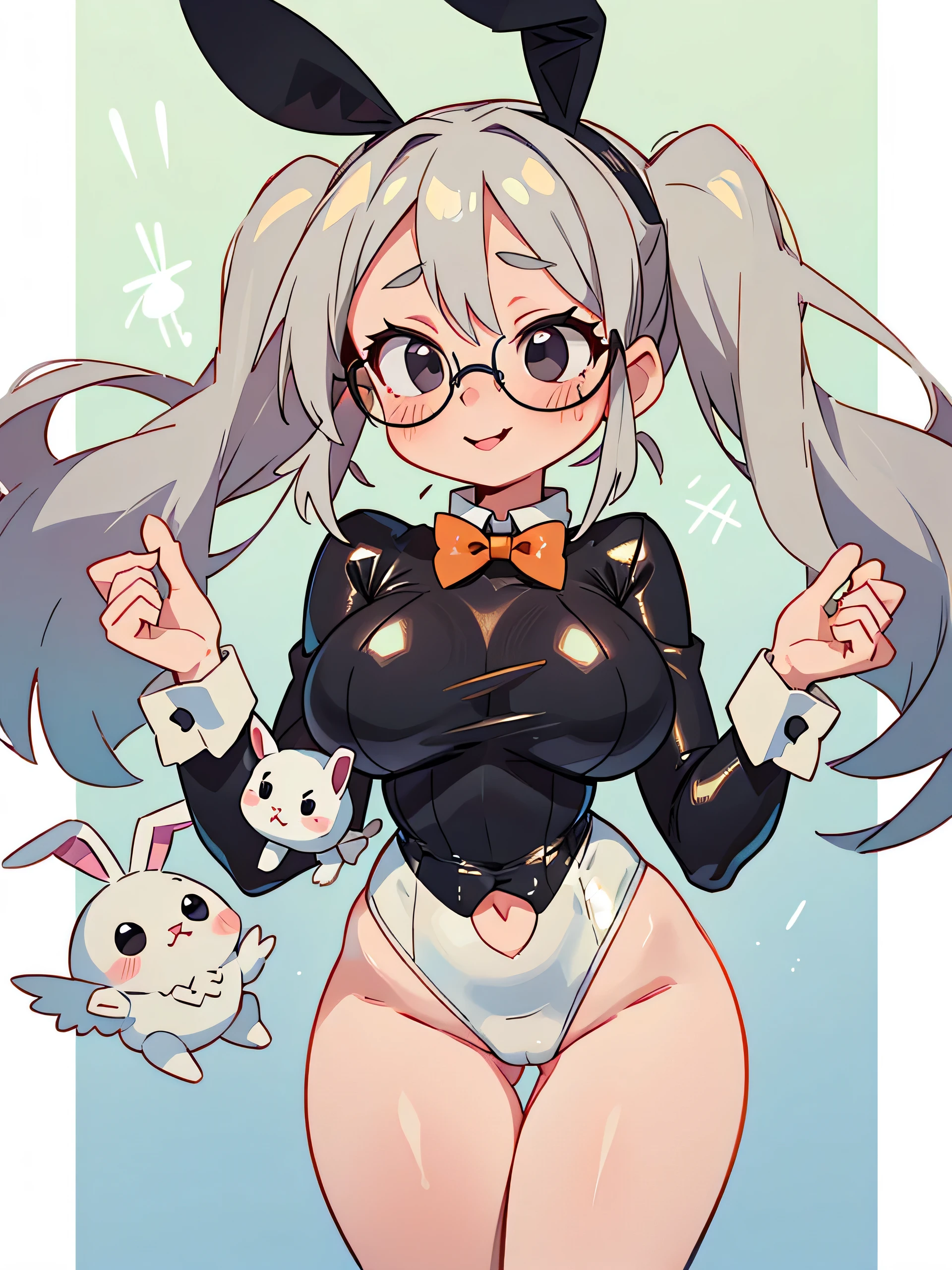 1 girl, light gray hair, gray hair, hair in two pigtails, (big lips), black eyes, glasses,huge breasts, blush, blush on the nose, open abdomen, focused portrait, horrible thighs, high thighs, wide hips, narrow waist, hourglass figure , silly, bratty, thick thighs, defined stomach, standing, casino, bunny ears, translucent bunny costume, plastic clothing, latex, latex bunnysuit, double v, bow tie, smile, midshot, ahegao, rolling eyes,
