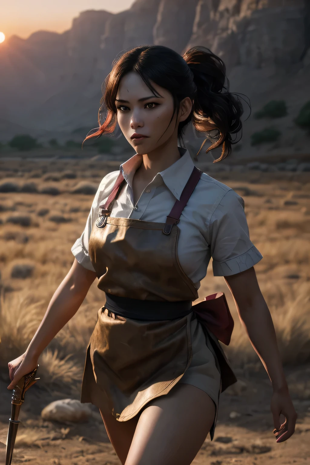 (masterpiece), (very complicated:1.3), (realistic), girl portrait, (dark fantasy, gore), (dynamic perspective), the most beautiful in the world, (waitress), outdoor, dynamic angle, running fighting stance, dry river bed, Kure, Haifa, Stunning female professional photo details, sharp focus, dramatic, Award history, cinematic lighting, Octane Rendering Unreal Engine, volumetrics dtx, (film grain, blurred background, blurred foreground, Bokeh, Depth of the bounds written, sunset), holding sickle