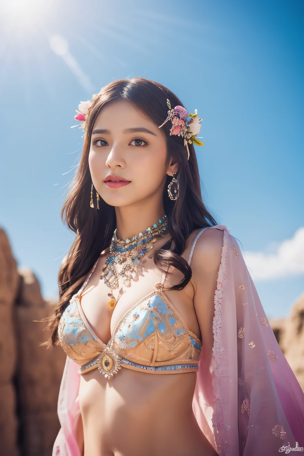 colorful, sky, flowers, magical, fantasy, tale, top-quality,Beautiful detailed hijabi,Bewitching face,tzuyu iu yooa ,long lashes,Wearing a colorful bellydancer,Detailed details,Colossal ,With cleavage, underboob, sideboob,stares at the camera, javanese castle, monastery