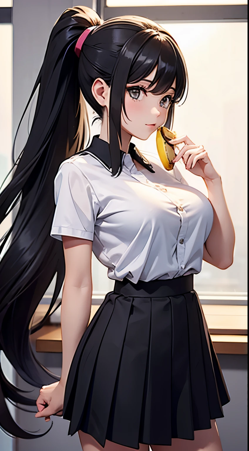 raw photo,real person,16K,Woman holding a banana、long hair、ponytail、Beauty、Female college student、breast enhancement、big ini skirt、