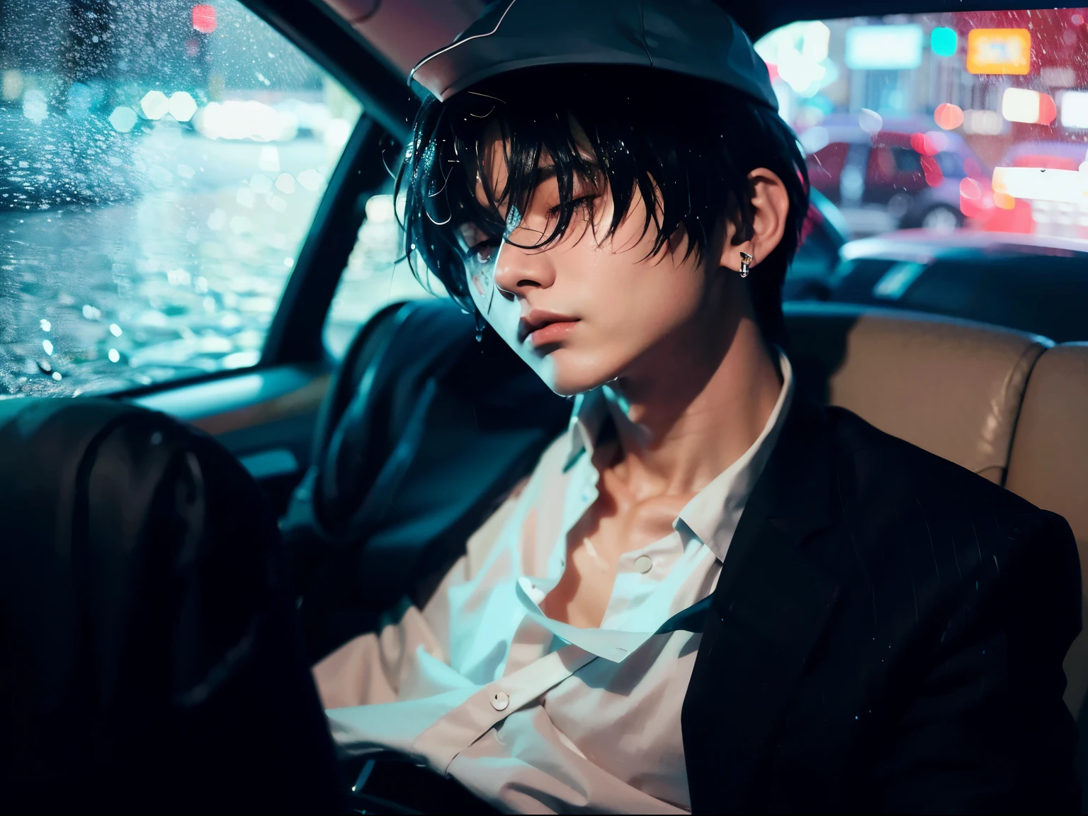 arafed image of a man in a car with a wet face, inspired by Yanjun Cheng, male ulzzang, jinyoung shin, anime style mixed with fujifilm, jinyoung shin aesthetic, inspired by jeonseok lee, cai xukun, hyung tae, jungkook, seseon yoon, by Tadashi Nakayama, wonbin lee, shinji, jung jaehyun
