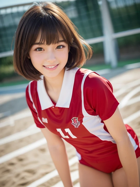 ((((whole body 1.4)))),1 girl, masterpiece,Highest image quality,13 years, smile, beautiful eyes, perfect eyes, beautiful lips, perfect lips, short hair, Are standing, ,volleyball player red uniform、,perfect face, Angelic,Idol, super realism,surreal, Japanese girl film grain, gym