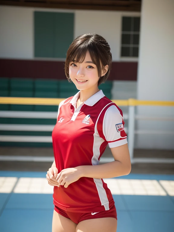 ((((whole body 1.4)))),1 girl, masterpiece,Highest image quality,13 years,  smile, beautiful eyes, perfect eyes, beautiful lips, perfect lips, short hair, Are standing, ,volleyball player red uniform、,perfect face, Angelic,Idol, super realism,surreal, Japanese girl film grain, gym
