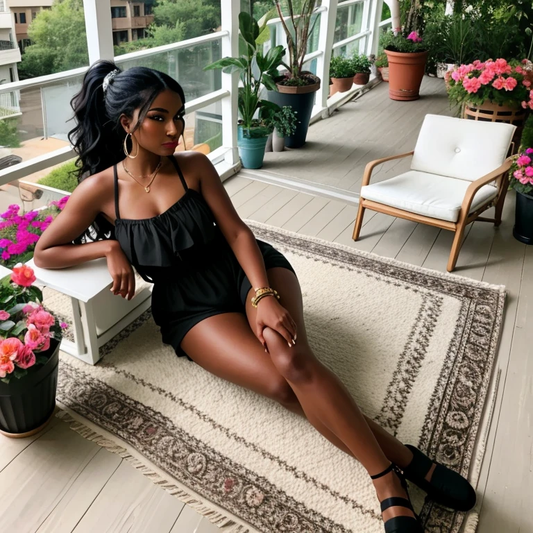 Long wavy luxurious black hair in ponytail, black woman, ebony dark skin tone, cream rug,  big flower pots, bright romper, luxury porch, sitting on a luxury patio, from a distance.