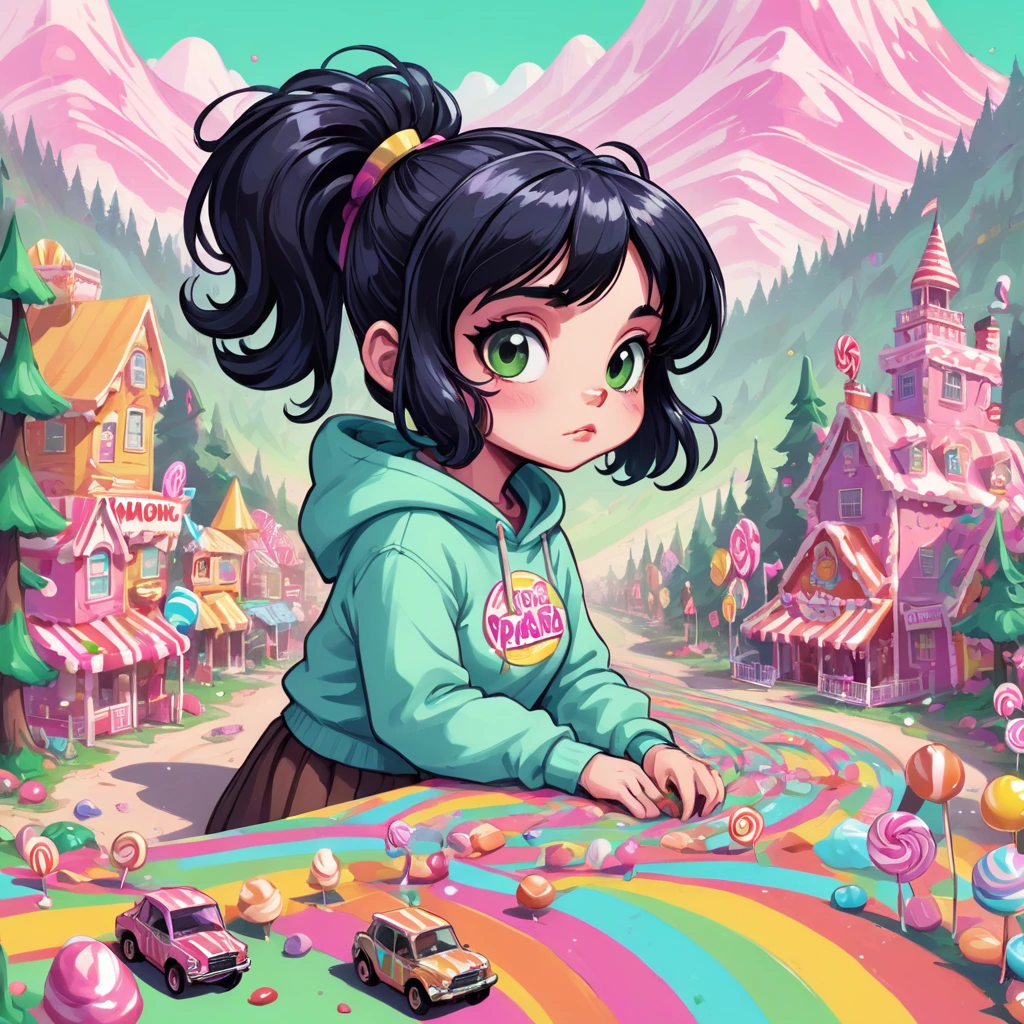 illustrate, showcase of candy land aesthetics, candy land, Vanellope von Schweetz, sugar rush racer, racer kart at max speed through candy land, glitch art style, glitches, Joelle Jones hand drawn expressive ink illustration, rotoscope wacky racers style reference, (Vanellope has long, raven-black hair with candy sprinkled over it in a high ponytail, chibi style, outfit is a mint green hoodie with a dark brown double-layered skirt that resembles the wrapping of a peanut butter cup), dynamic wideshot background backdrop tex avery style Candy Land, cinematic, peppermint stick forest, a peanut brittle house, a molasses swamp, and a gumdrop mountain, John Ford western Candy Land skyline, blend of cinematic screengrab and panaramic view of candy land board game from above