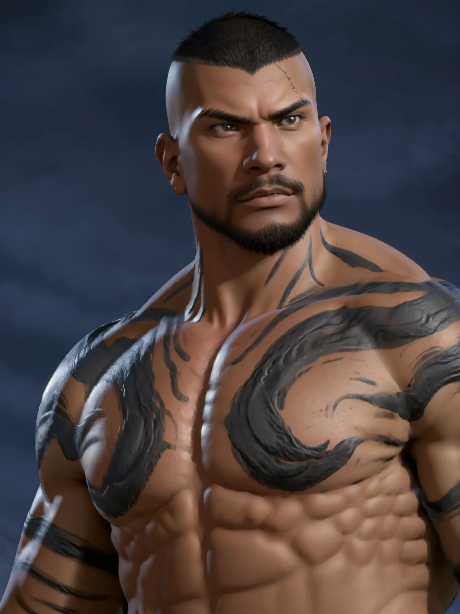 take from Polynesian mythology and voiced by Dwayne Johnson , Maui is an imposing figure , but he's almost upstaged by tiny Mini Maui , a kind of sentient tattoo that comes to life on Maui' s impressively muscled and decorated body , 8k , ultra ,24k details ,