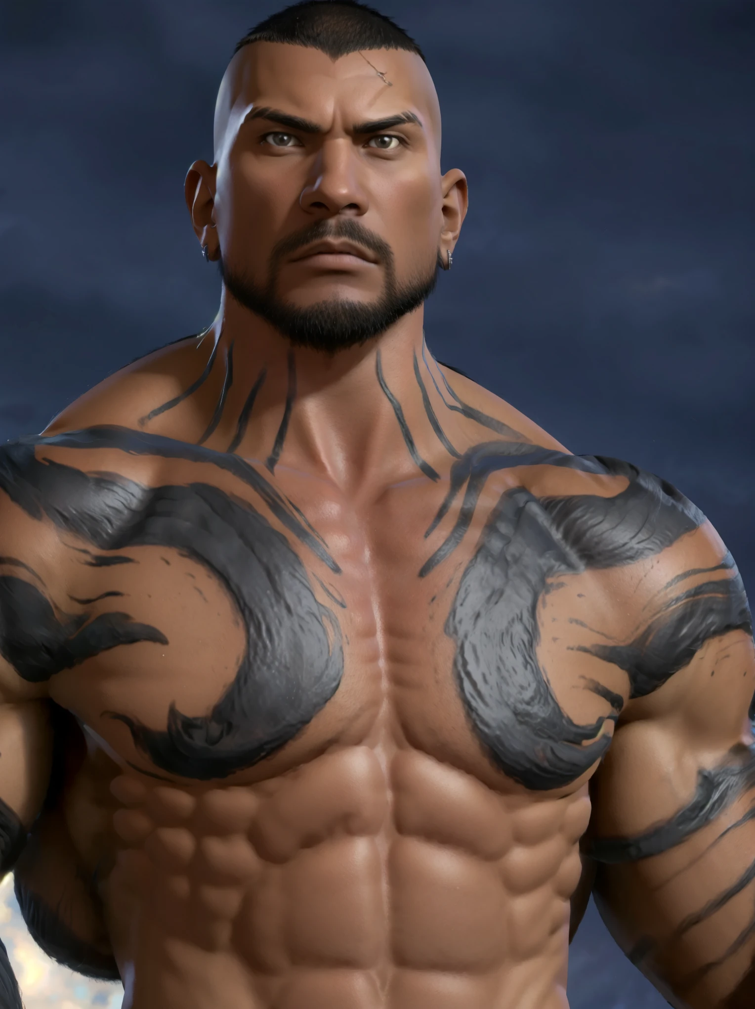 take from Polynesian mythology and voiced by Dwayne Johnson , Maui is an imposing figure , but he's almost upstaged by tiny Mini Maui , a kind of sentient tattoo that comes to life on Maui' s impressively muscled and decorated body , 8k , ultra ,24k details ,