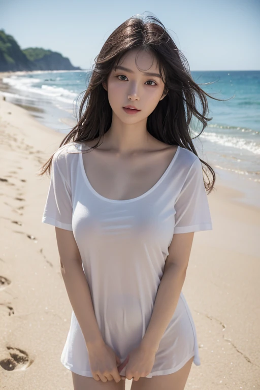 masterpiece, highest quality, very detailed, surreal, realistic, Beautiful Japanese model in her 20s, Beautiful sea with sandy beach, Enter the sea and splash around,White T-shirt dress:1.2, Underneath the clothes, she is completely ?????,super detailed face, half up hair, ???????????, ((whole bodyが見える))、((Soft and gentle looking ?????????????))、(embarrassed look)、((beautiful japanese girl))、(japanese woman),((20 year old beauty)),(((whole body)))、((???????????))、wet hair、(transparent skin), ((Clothes that stick to the skin))、(((Clothes are soaked)))、((The skin is transparent))、((Helping ???????))、(beautiful ??????)、(pink ??????),(Soft ???????),(Thin pubic hair that can be seen through)、