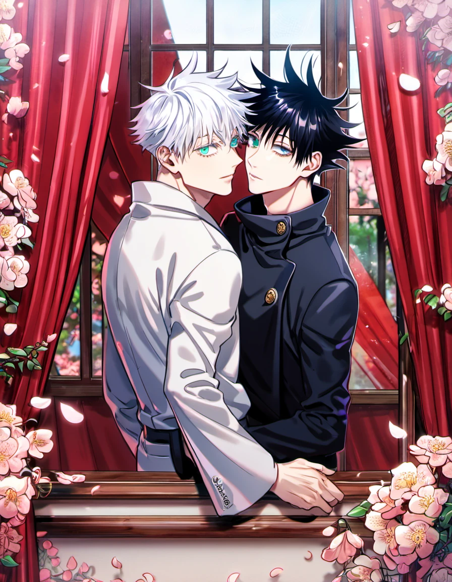 Ultra detailed, Highres, absurdres, HDR, Gojou Satoru, blue eyes, white hair, Fushiguro Megumi, green eyes, black hair, Jujutsu Kaisen, window, petals, red curtains, handsome, 2 men together, gay couple