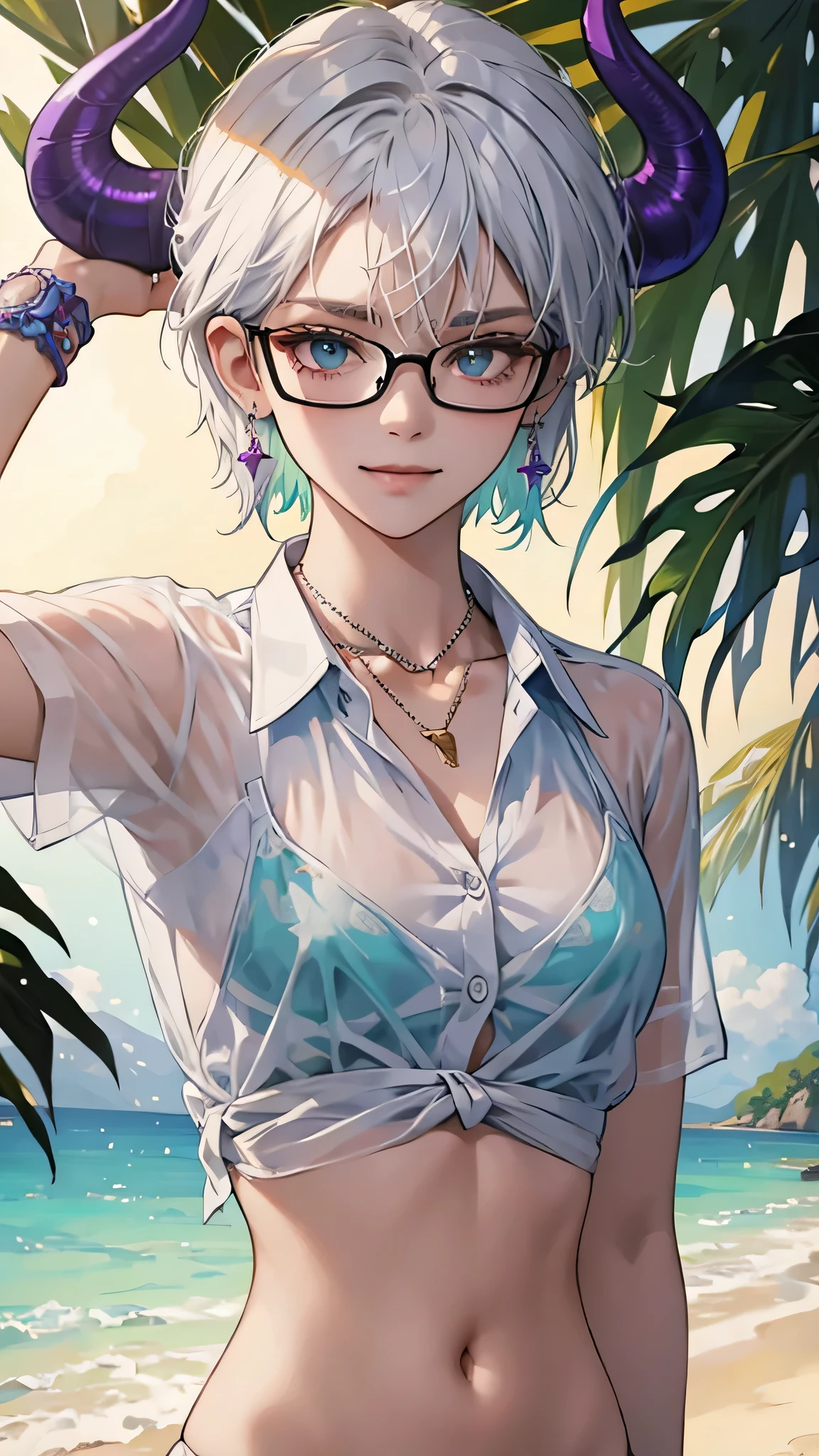 8k, masterpiece, best quality, highly detailed, 1girl, tiefling,  solo, multicolored hair, very short straight hair green highlight hair on white hair, strippled hair, wearing glasses, earrings, necklace, navel piercing, mole, glamorous, purple and teal clothing, villainy, smirk, seductive pose, close ups view, rings, looking at viewer, demon horns, standing, Songkran festival, festive, summertime, white shirt on bikinis, very short jean shorts, wet shirt, see-thru, water gun.