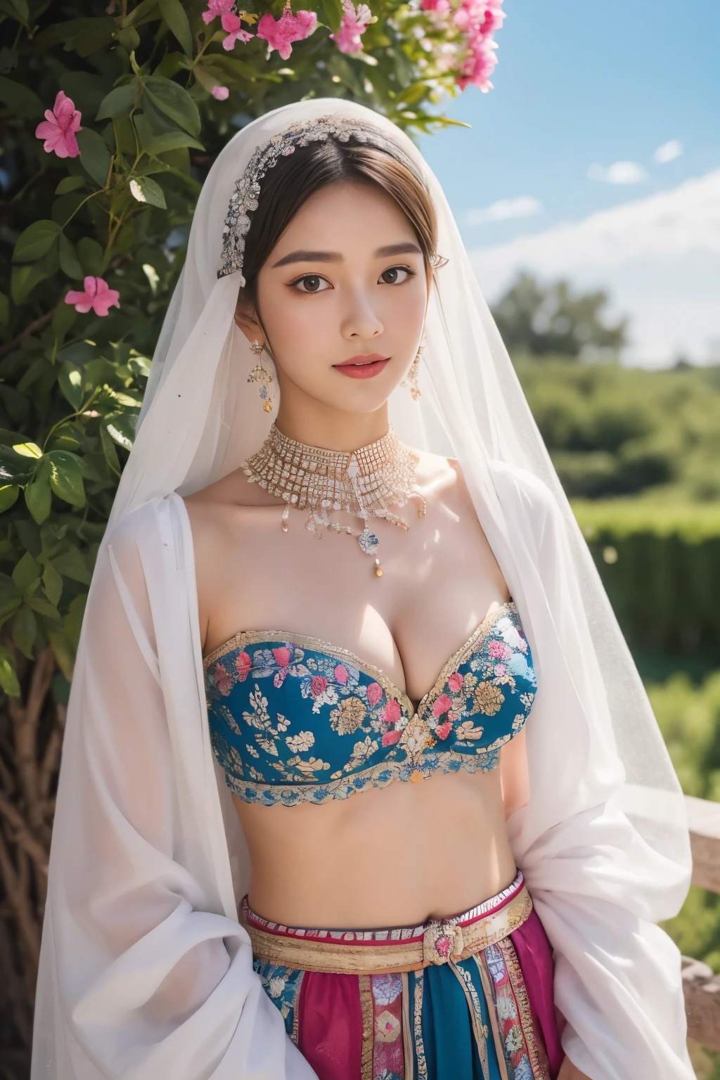 colorful, sky, flowers, magical, fantasy, tale, top-quality,Beautiful detailed hijabi,Bewitching face,tzuyu iu yooa ,long lashes,Wearing a colorful bellydancer,Detailed details,Colossal ,With cleavage, underboob, sideboob,stares at the camera, javanese castle, monastery