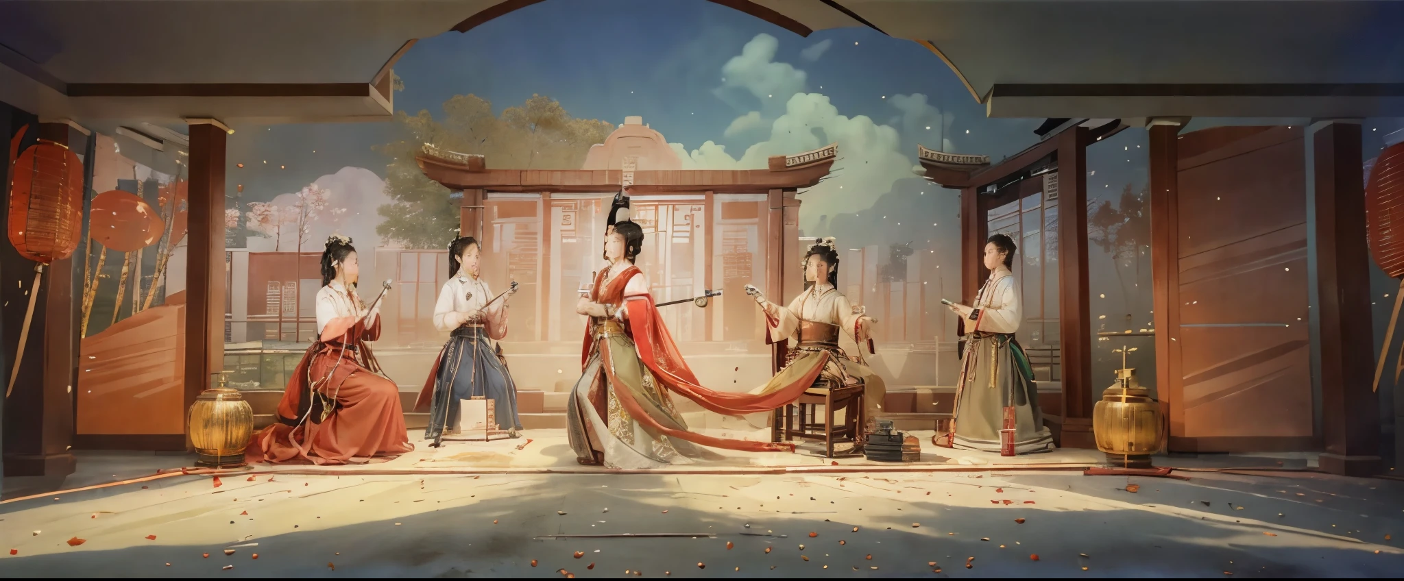 (masterpiece, top quality, best quality, official art, Beautiful and beautiful:1.2),(8K, best quality, masterpiece:1.2), CGguofengfeitianswa, 史诗级CGmasterpiece, high dynamic range,digitalTM, Manha,8K, Ultra-detailed graphic tension, dynamic poses, stunning colors, 3D rendering, surrealism, Cinema-level lighting effects, realism, 00 renderer, Surreal, super wide angle。At a Chinese wine product launch event，There is an environmental installation that attracts everyone&#39;s attention。ahead，Guqin、Flute、Erhu、Drum、the ancients，Ancient charm，Lots of space。home front，Bamboo forest installation background，Chinese culture，Oriental charm。