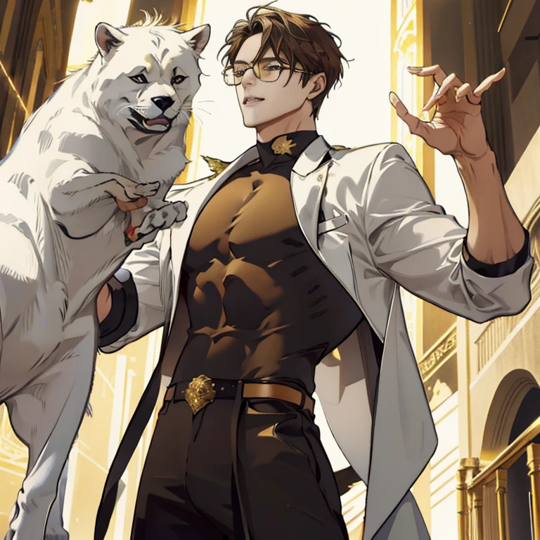 Mature male wearing golden glasses，vestindo ternos pretos，cabelo branco prateado，ombros largos，grande alto，The dorsal side is dark brown