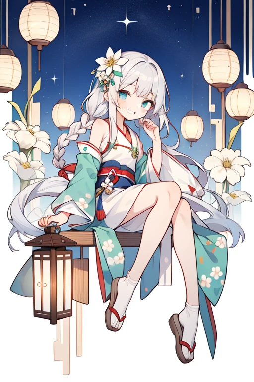  Charming Simplicity, White Floral Hair Ornaments, Ethereal Beauty, flat chest, girl, blue eyes, long white braid hair, full body, from side, grin, sitting, corssing the legs, furisode, fantastic, starry background, wearing (green) Hanfu, Lantern floating,