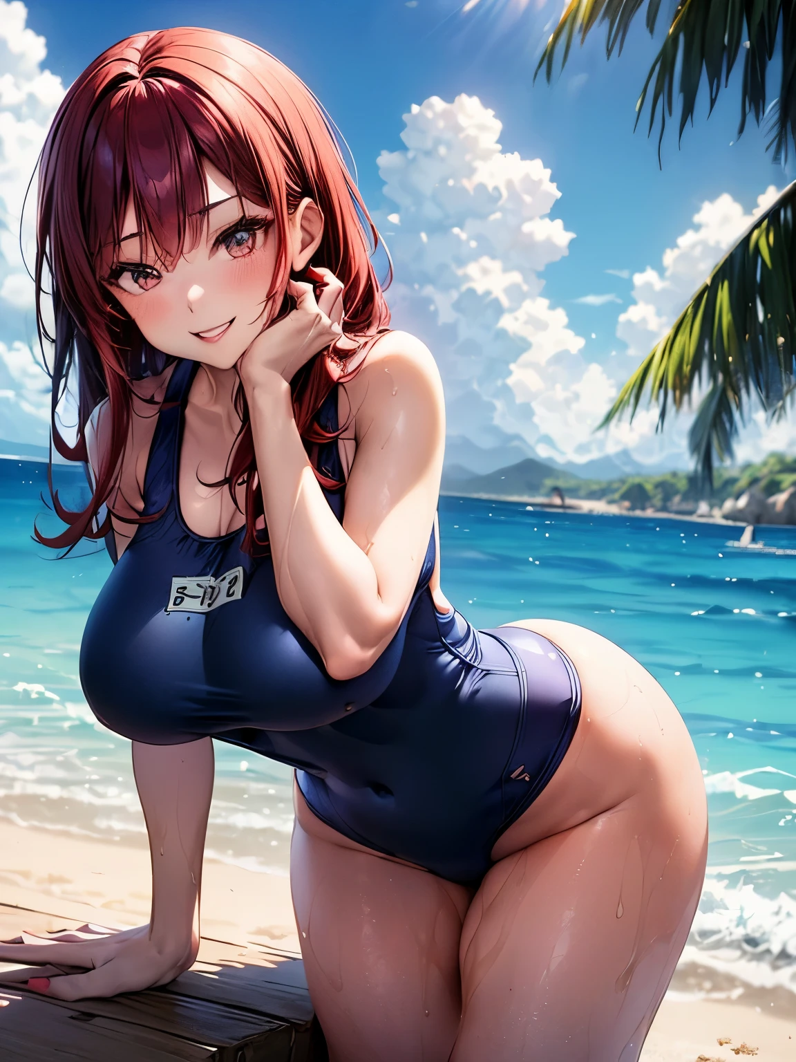 sexy woman、(Woman with dark red hair:1.3)、straight hair woman、Long hair woman、((Beautiful busty woman:1.3))、(A woman wearing a navy blue one-piece school swimsuit:1.6)、nice sexy body、one woman、beach、sandy beach、Woman with a big smile、Playing by the water