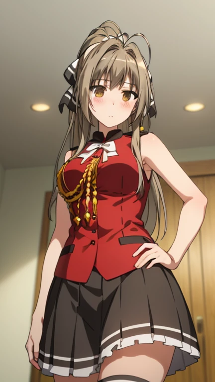 best quality, (masterpiece:1.2), highly detailed, indoors, 1girl, solo, sento isuzu, blush, looking at the viewer, brown hair, long hair, antenna hair, ponytail, brown eyes, ribbon, aiguillette, sleeveless, pleated skirt, black skirt, from below, tighhighs