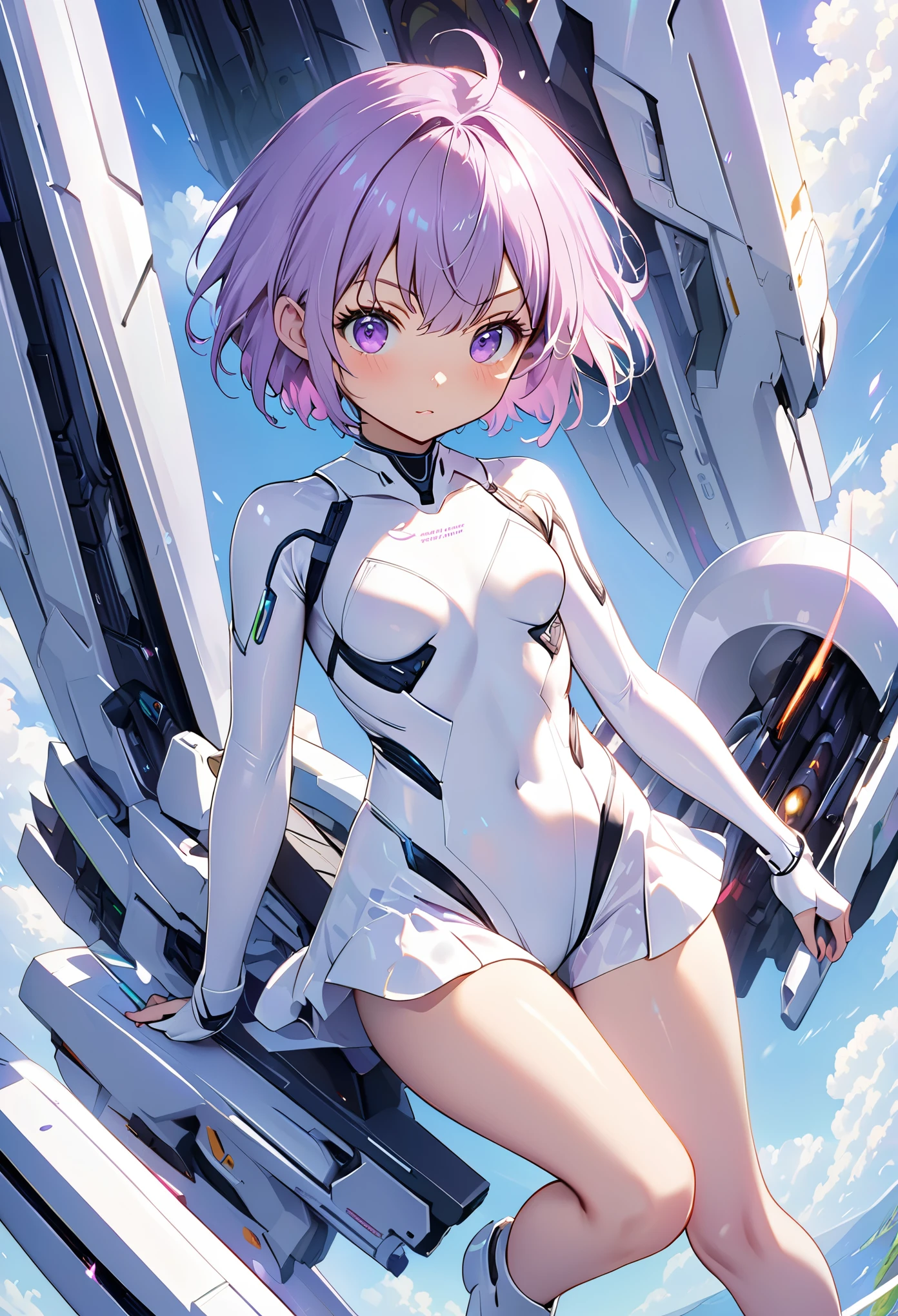 Girl with a railgun、White Cyber Bodysuit、light purple hair、short hair、Drooping eyes、cute、cute