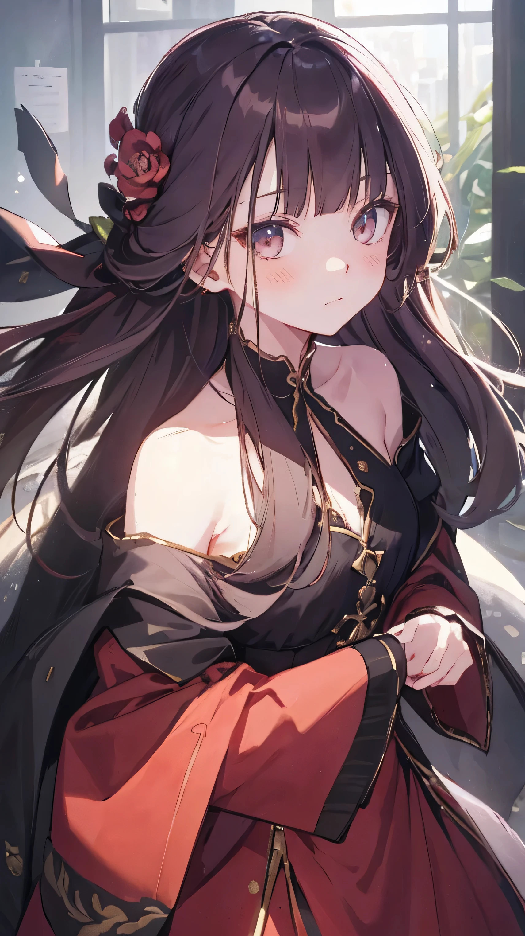 master piece、Highest image quality、highest quality、 ((panic))、glossy hair quality、small face、Super detailed and beautiful bright eyes、Super detailed clear and beautiful face、(cute illustration:1.2), High-resolution, ultra-detailed, best quality, embarrassed、(long skirt)、off shoulder