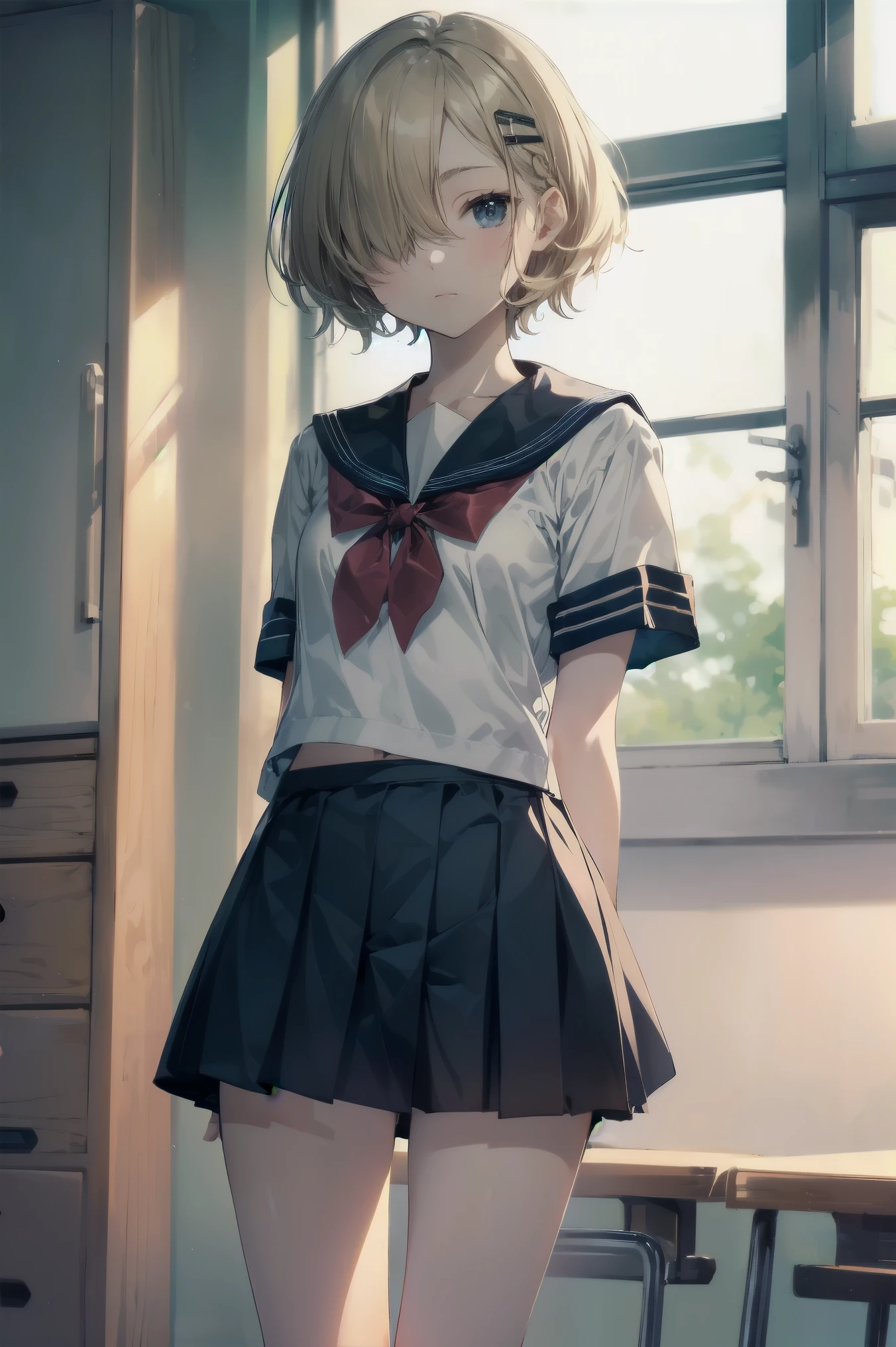 highest quality, anime moe art style,Best Anime 8K Kona-chan Wallpaper,Pixiv contest winners,perfect anatomy, shoe rack,break, 1 girl, (alone,,,:1.3),high school student, short hair, amount, (hair above one eye:1.9),All limbs, full finger,medium breasts, between legs, small eyes,Precise black eyes, hair clip:1.2, (sailor suit:1.5),(school uniform:1.5) skirt,Super detailed,High resolution,super dense skin, professional lighting,8K eye details, (cute illustration:1.2),blonde,blonde hair,No expression,(hair over one eye:1.5)
