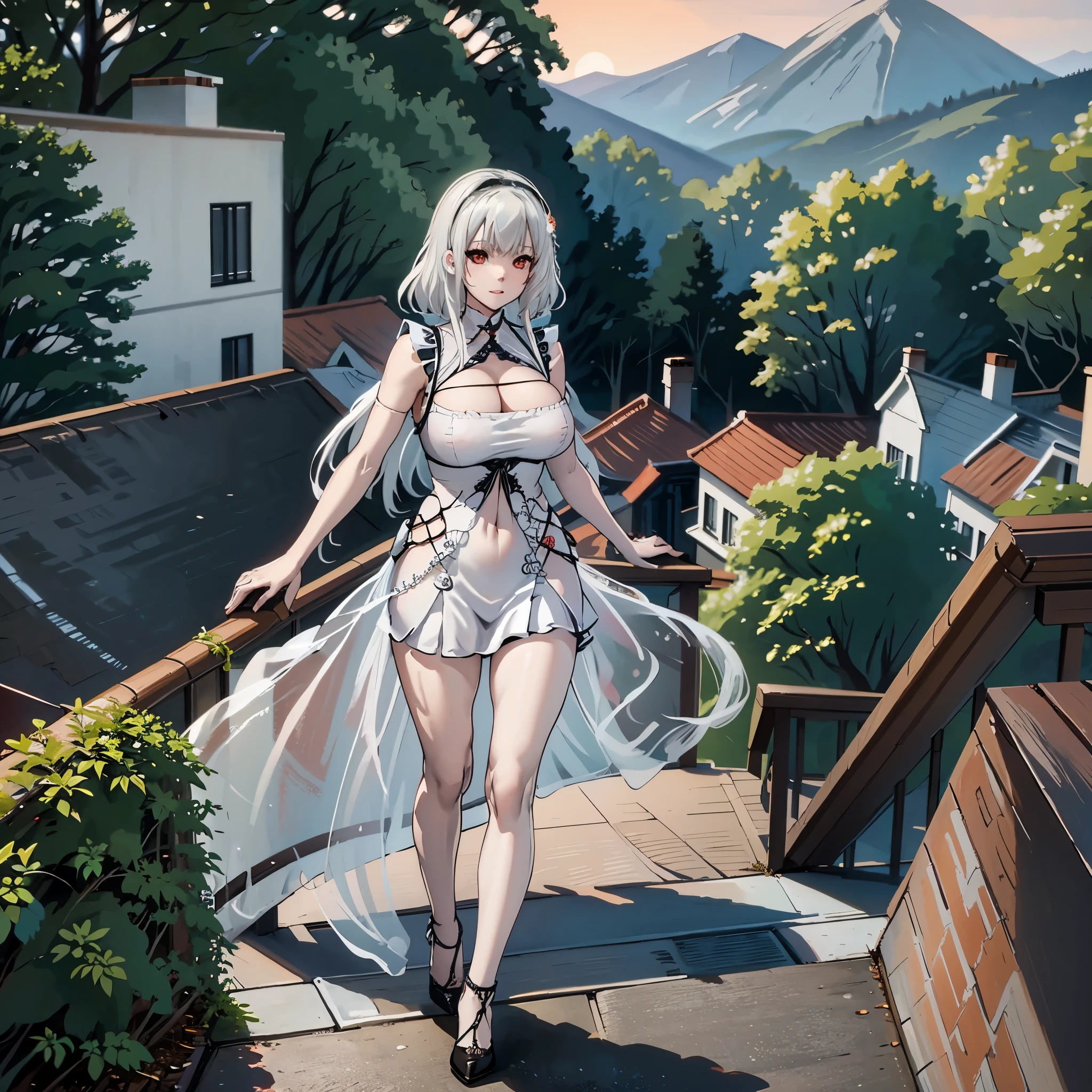 A woman wearing a red dress, white hair, red eyes, big breasts, on a roof of a modern house, with a view of a large forest at night, with local lighting, a moon, mountains in the background,HDR , ultra resolution, very detailed, masterpiece, HD 8K, (solo, just one girl)
