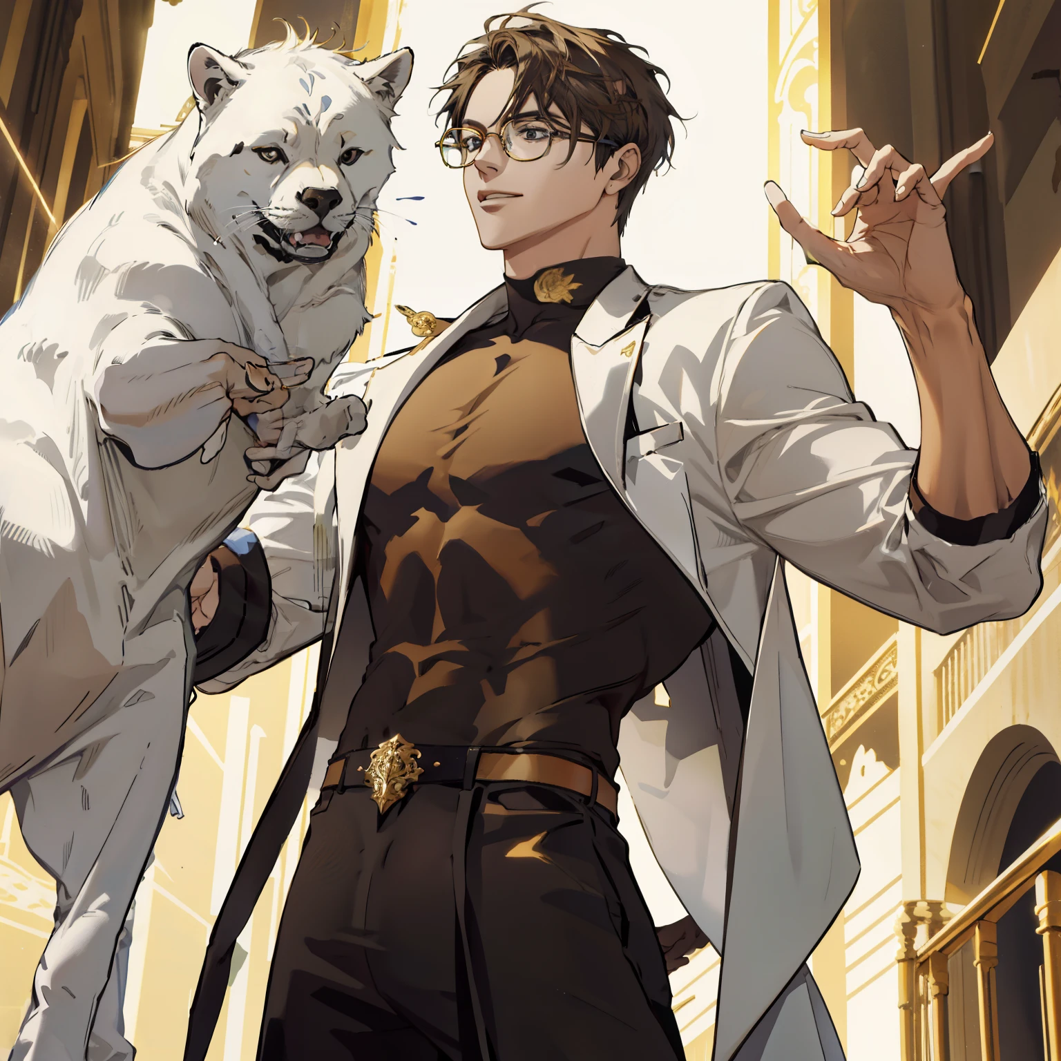 Mature male wearing golden glasses,vestindo ternos pretos,cabelo branco prateado,ombros largos,grande alto,The dorsal side is dark brown