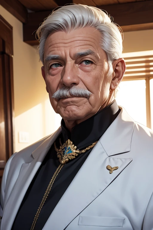 +_+, (Um homem de 80 anos com dobras nasolabiais no rosto: 1.3), bigode branco, Traje Preto, cabelo branco curto nas pontas, gravata vermelha marrom longa, jaqueta bege, dois dedos na frente do rosto, Werther&#39;Original, sentado na cadeira, Olhos brilhantes, morinaga, choro