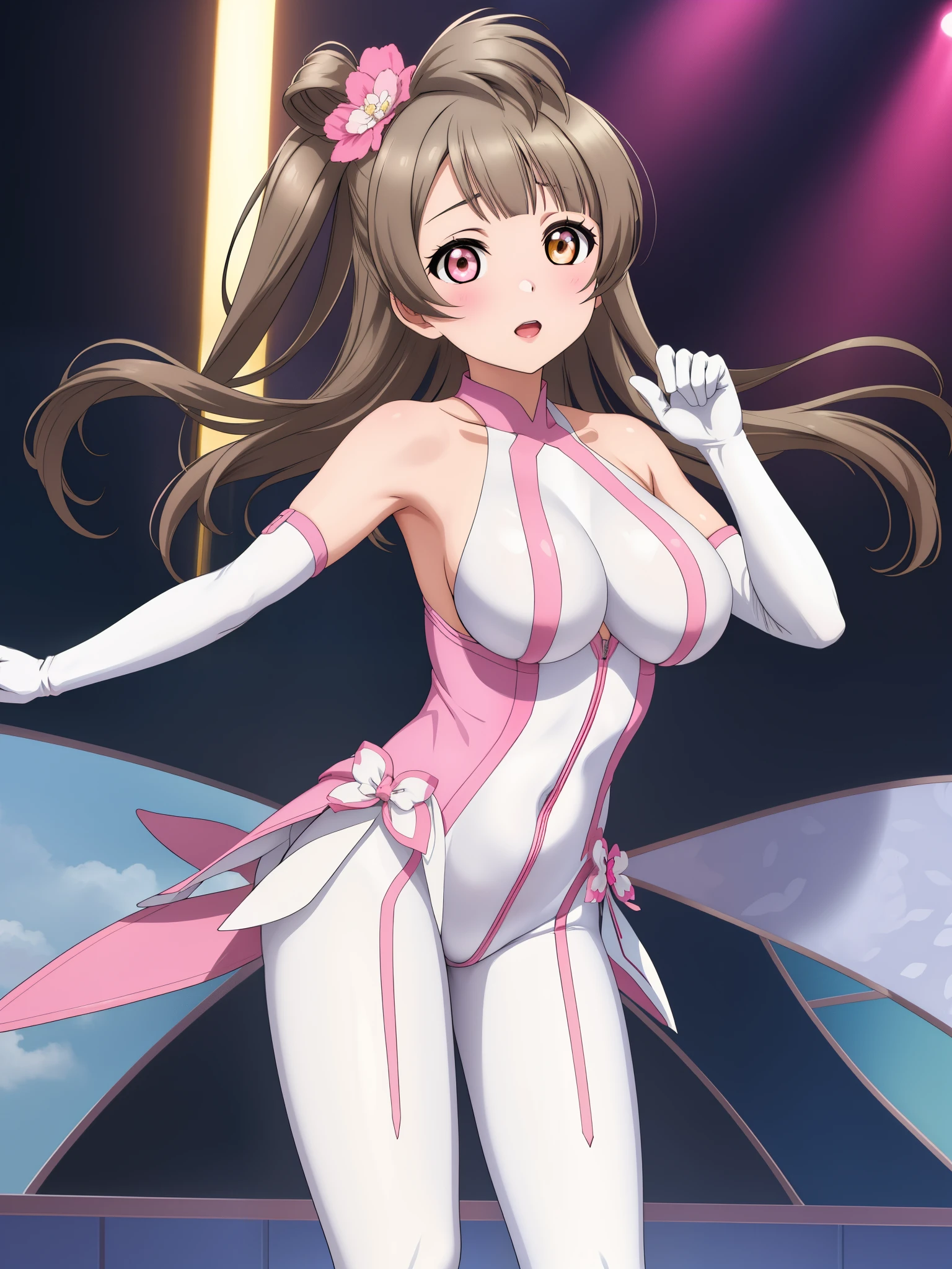 Minami kotori ,big breasts, (white pink bodysuit:1.2), elbow gloves, halter neck,bare shoulders, victory pose, standing 