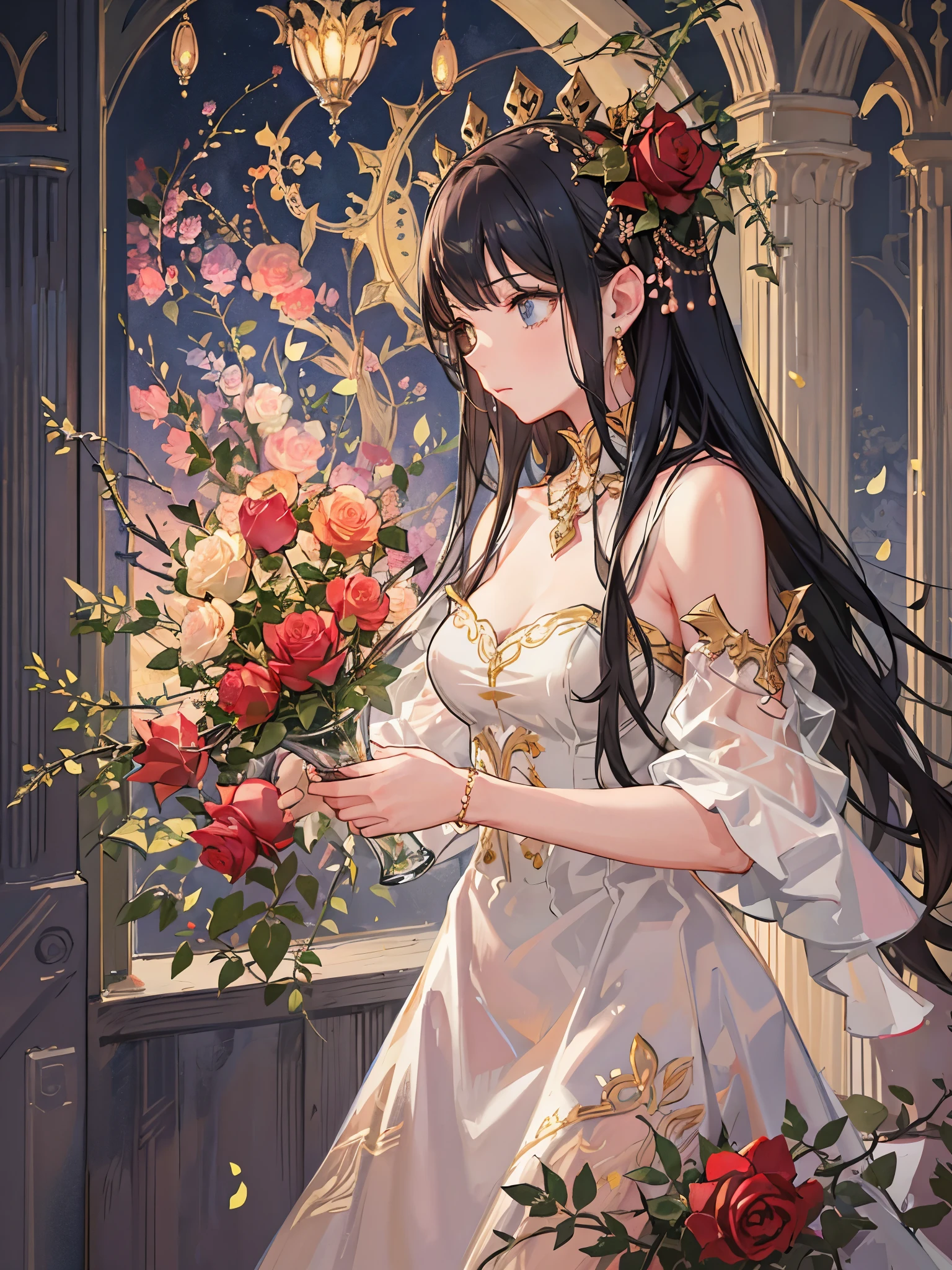 ((highest quality)),(ultra high resolution),(Super detailed),(detailed description),((best CG)),(best work of art),super precision art,Amazing drawing art,(Art with precise details:1.5), (adult women:1.4),(The smell of roses:1.6), aromatic,Mellow,full bloom,Spectacular view