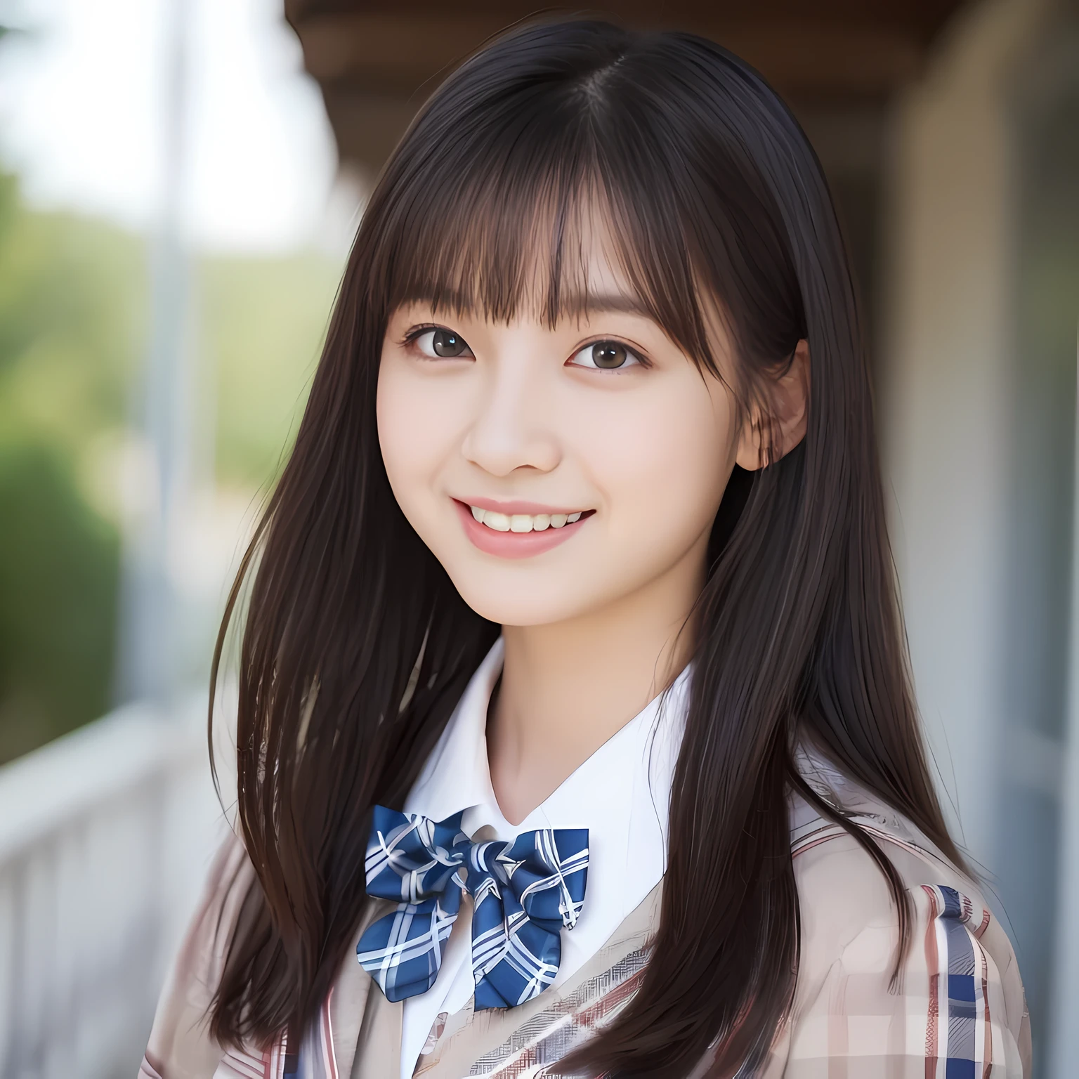 (highest quality、masterpiece:1.2)、highest quality、realistic、photograph、High resolution、1080p、8K、Pale, rough skin、The face is especially pale., physical rendering、((Height: 155cm)), one Japanese girl、((A 15-year-old siren who looks like a Japanese junior high school student)), , (((big very detailed beautiful dark brown eyes))), ((blue girly large wine-red glossy polyester Japanese school ribbon bow tie)), ((((Beautiful, lustrous, wavy hair that reaches down to the waist)))), ((((deep blue colored tartan checkered formal long pleated pleated skirt)))), ((A formal dark blue blazer that is slightly oversized and has an emblem on the left chest.)), (((Looking at the viewers with loving eyes, smiling))), ((((((Very happy)))))), mouth is open, The big skirt is very cute, detailed fingers, Slender body, ((curled bangs)), so beautiful, long eyelashes, ((Very big and very very very cute eyes of a Japanese girl)), ((large pupils)), double eyelids, The entire skirt is photographed, Very cute face, thin eyebrows, ((drooping eyes)), ((long eyelashes)), ((cute lovely lovely laughing laughing cheeks)), ((The pure white light hits her face from the front, making her skin and eyes shine beautifully.)), (((((A beautiful face with a rich expression))))), shot from the side, ((idol face)), ((The sun is shining on my cheeks))