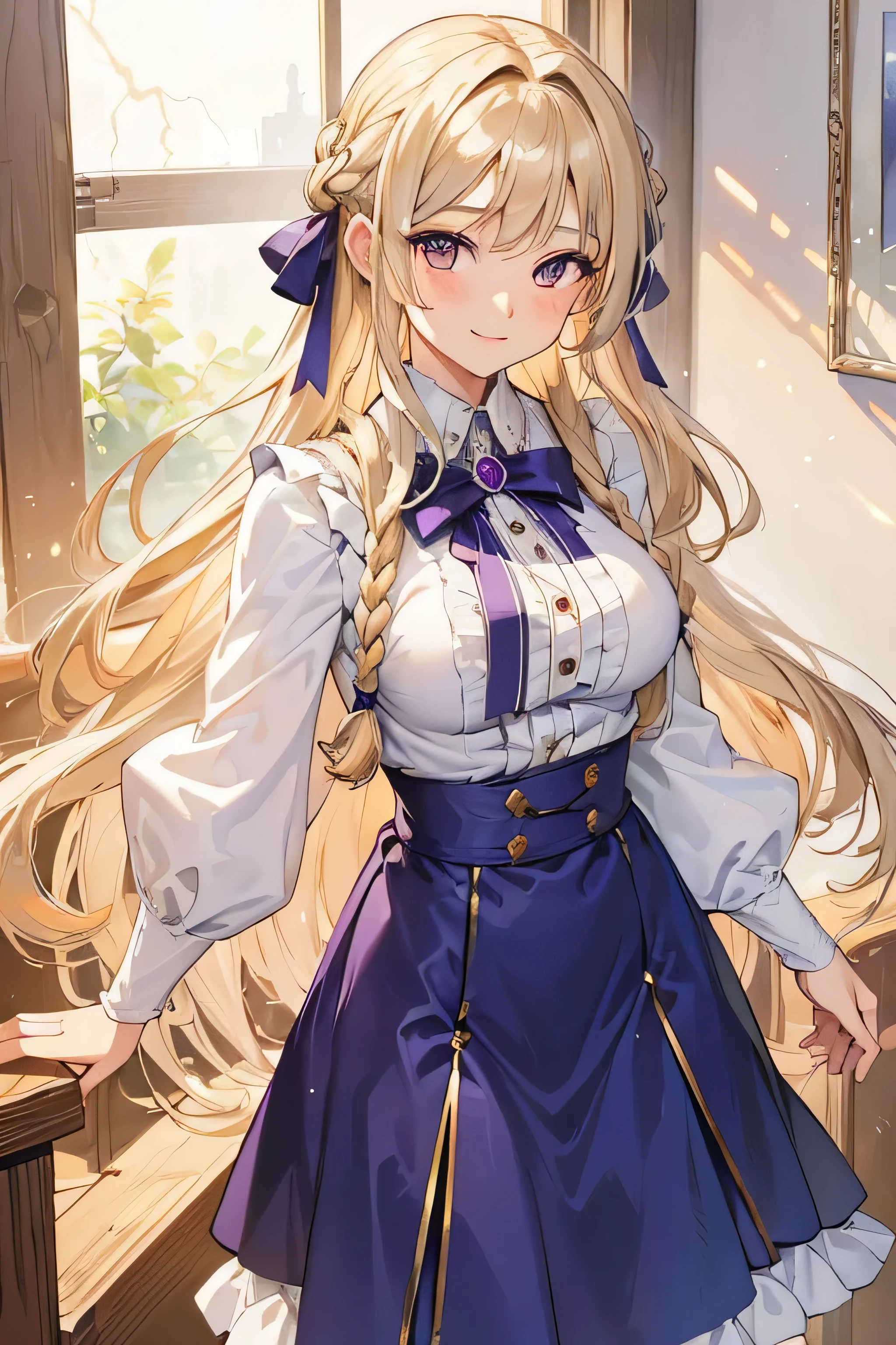 ((best quality)), ((masterpiece)), (detailed), perfect face, a girl, 17 years old, ash blonde hair, flowing hair, tiny braids, brown eyes, thunder magic, purple lightning, long skirt,beautiful lady, smiling, big bosom, motherly vibe, kind face,