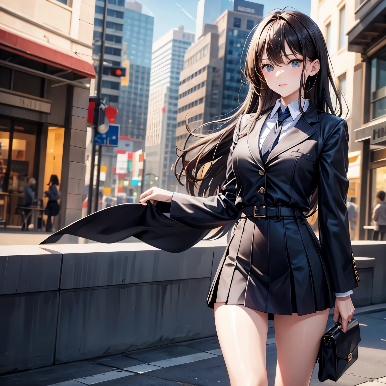 25 year old young woman: 1.3, long hair: 1.2, business skirt: 1.2, daytime: 1.2, square: 1.2, movie lighting, Surrealism, ultra high definition, precise, Super details, textured skin, high detail, best quality, 8K