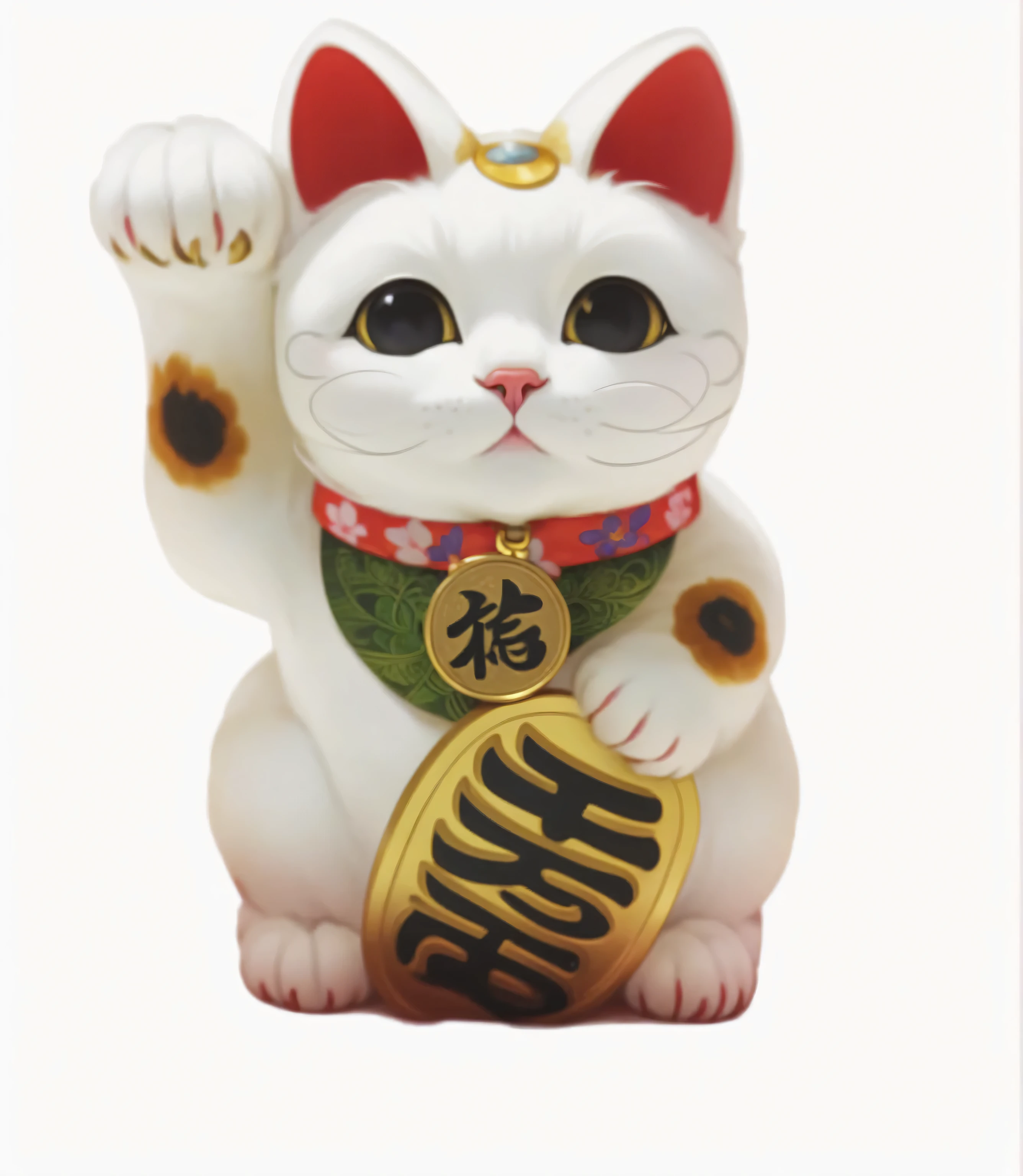 a close up of a white Cat with a gold coin in its mouth, Ink flower, white Cat, japanese mascot, there is nothingmimi, there is nothing, Kano Tanyou, liquor, Detailed image, kawaii Cat, Written by Tianxiang Zhou, Cat with lute, white ( Cat ) , H 1088