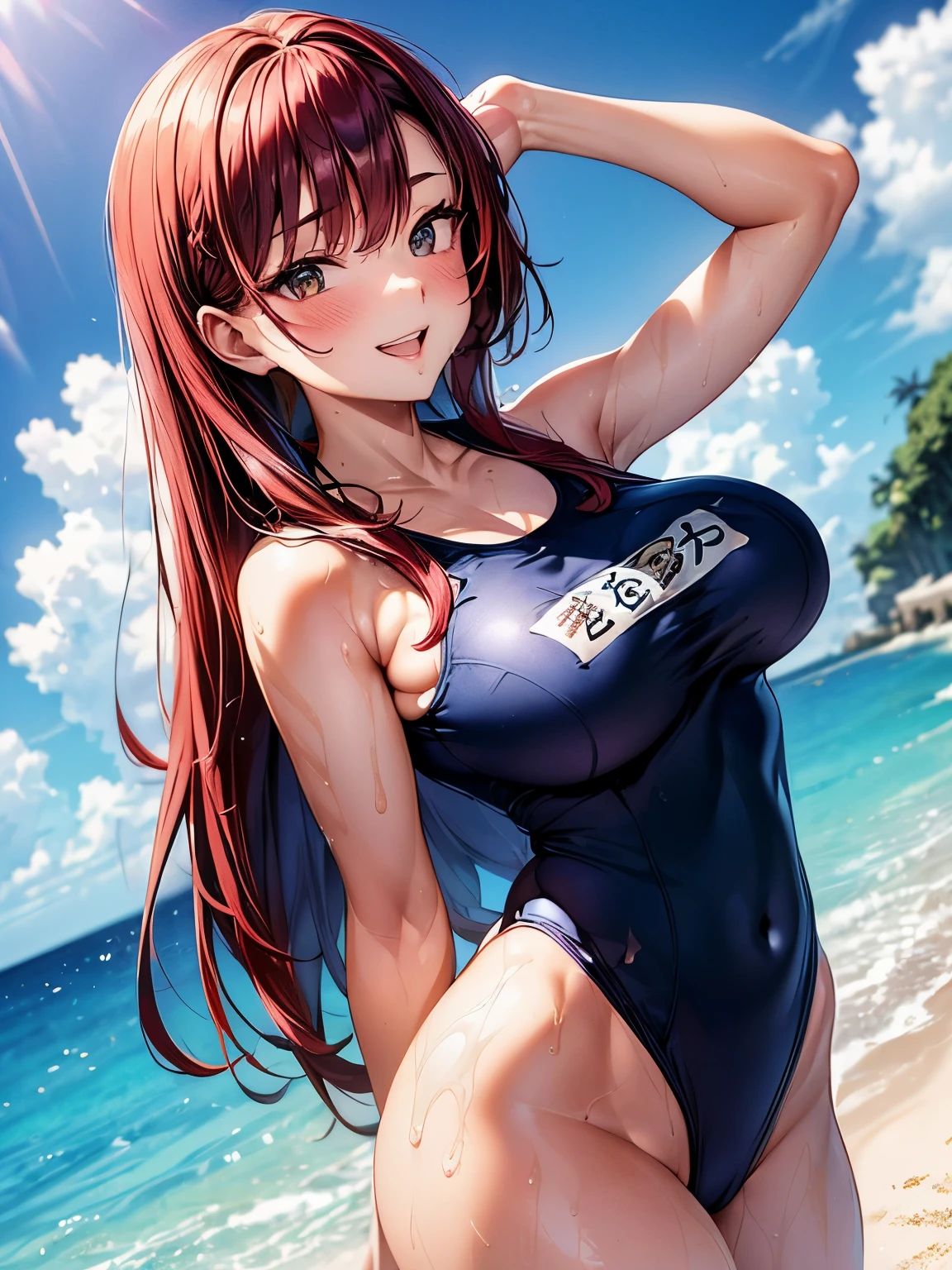 sexy woman、(Woman with dark red hair:1.3)、straight hair woman、Long hair woman、((Beautiful busty woman:1.3))、(A woman wearing a navy blue one-piece school swimsuit:1.6)、nice sexy body、one woman、beach、sandy beach、Woman with a big smile、sexy pose、splash of water