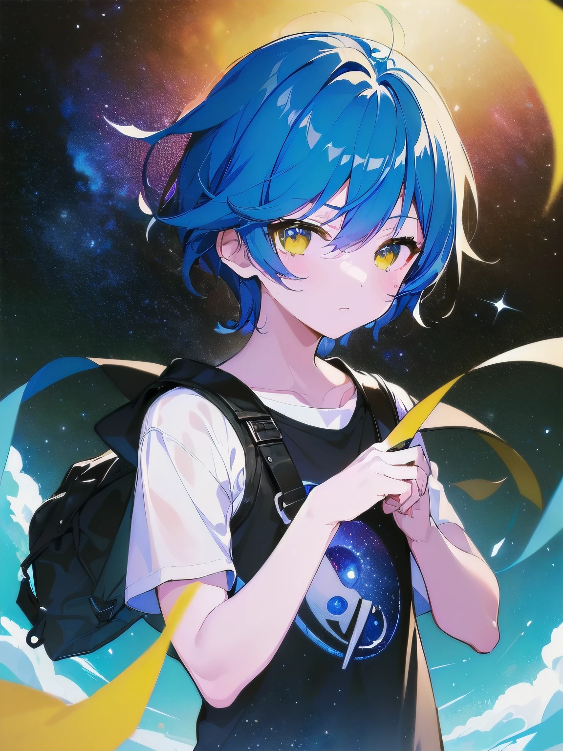 [(GALAXY BACKGROUND:1.5),::5], ((((masterpiece)))), high quality, very_high_resolution, large_filesize, full color, ((younger boy)), , short deepblue hair, vivid color, ((yellow eye)), civilian clothes white, anime, Below the knee to upper body, (SUMMER GALAXY EFFECT)