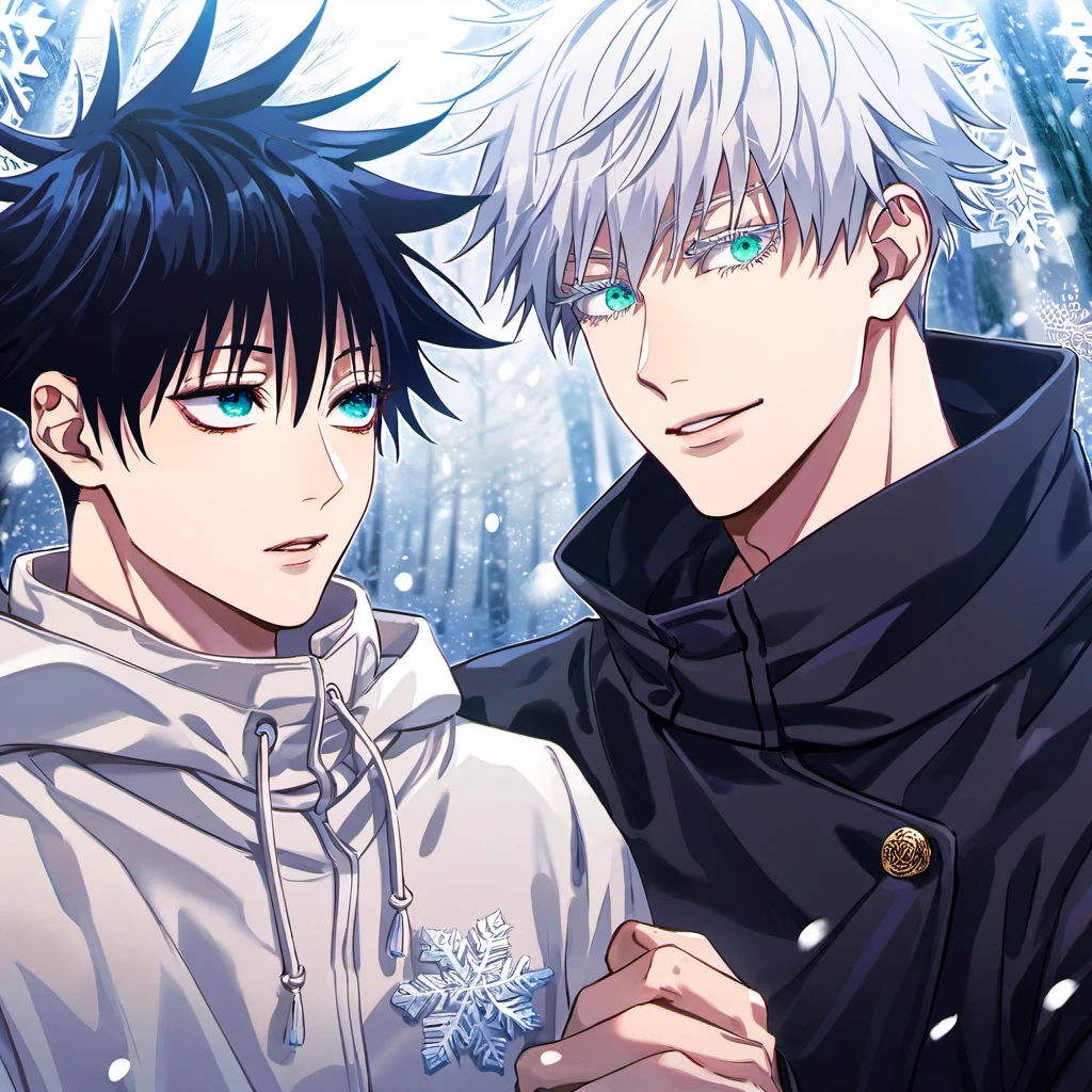 Ultra detailed, Highres, absurdres, HDR, Gojou Satoru, blue eyes, white hair, Fushiguro Megumi, green eyes, black hair, Jujutsu Kaisen, snowing, snowflakes, ice forest, handsome, 2 men together, gay couple