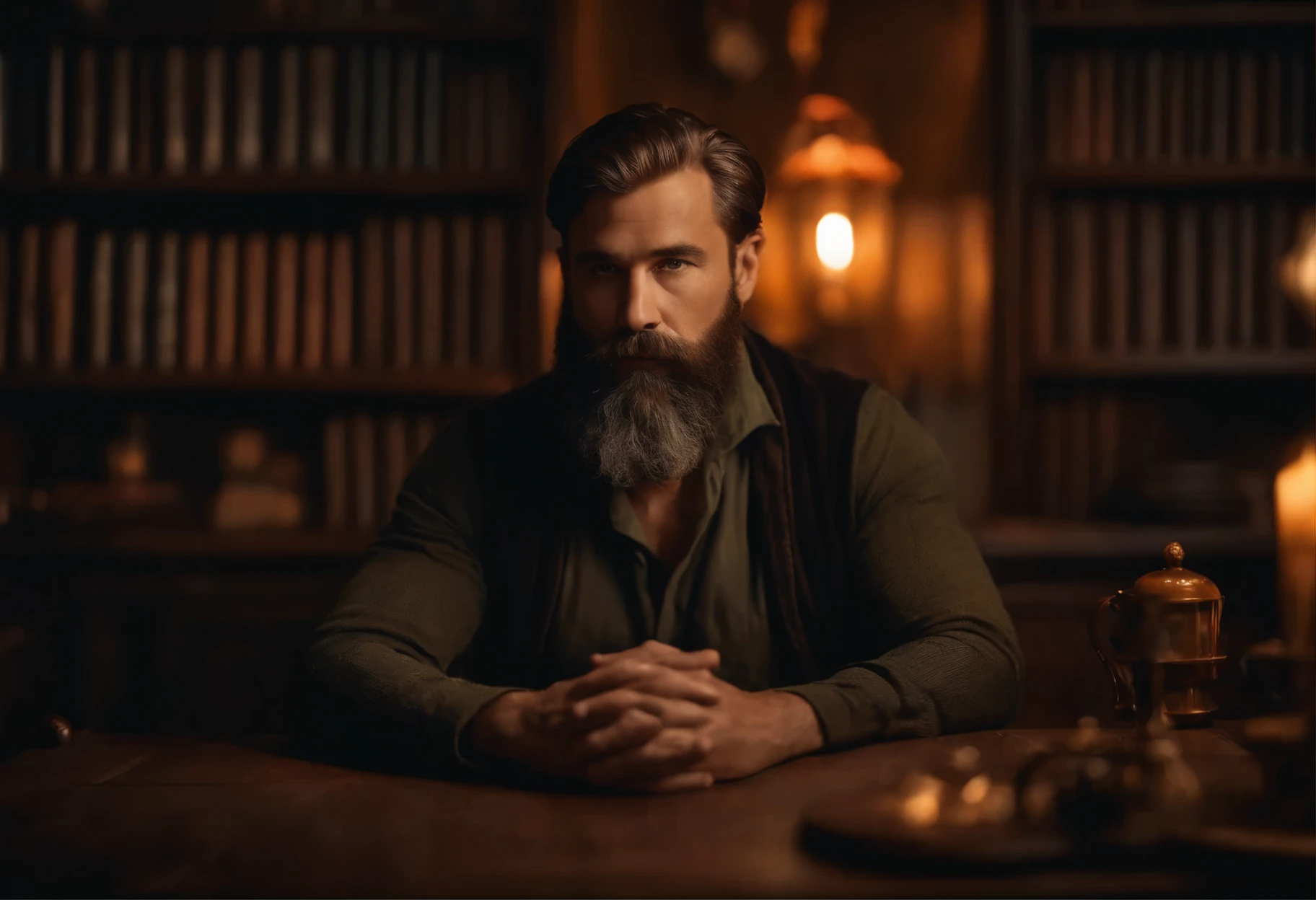 bearded man, dimly lit with a warm, cozy atmosphere, vintage furniture, dusty shelves, vivid colors, rich details, fine art painting style.