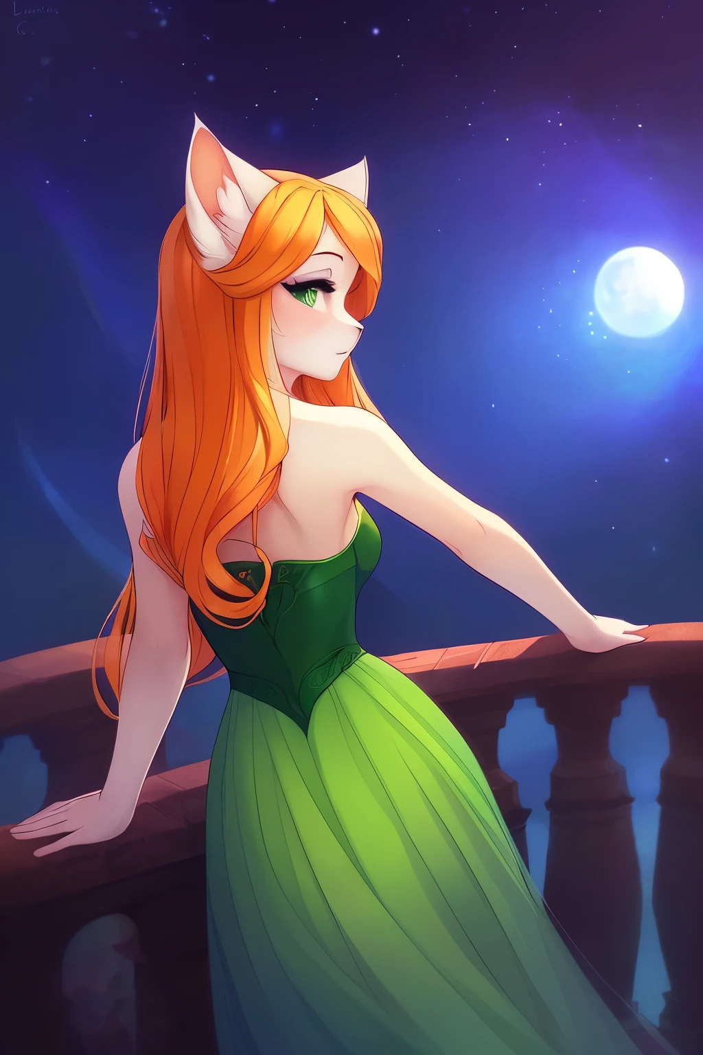 In the quiet stillness of the night, a captivating female white cat girl is illuminated by the gentle glow of moonlight. Her long orange hair cascades down her back, each strand shimmering with a soft, ethereal sheen. Her enchanting green eyes, accentuated by a touch of purple makeup on the outer corners, gleam with an otherworldly allure. Clad in a graceful green dress that hugs her medium hips and medium breasts, she exudes an air of mystery and sensuality. The tranquil scene is brought to life through the exquisite iskra art style, with delicate brush strokes and vivid colors rendering every detail with breatht