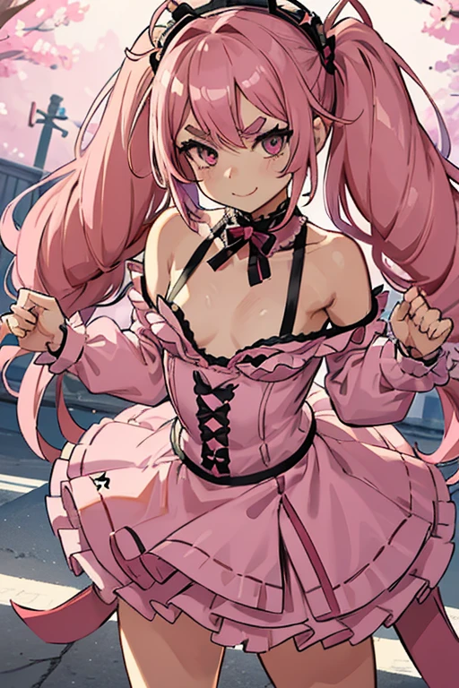 Girls with pink hair, long double-tailed hairstyle, ((small pink bushy eyebrows)), wearing lolita clothing, shorts, marked vagina, lolicon (Zankuro) drawing style by zankuro artist, Zancro style, image uploaded to R34, flirty smile, take a selfie from below, close-up, (( showing pubes )) in street grabbing breast each other