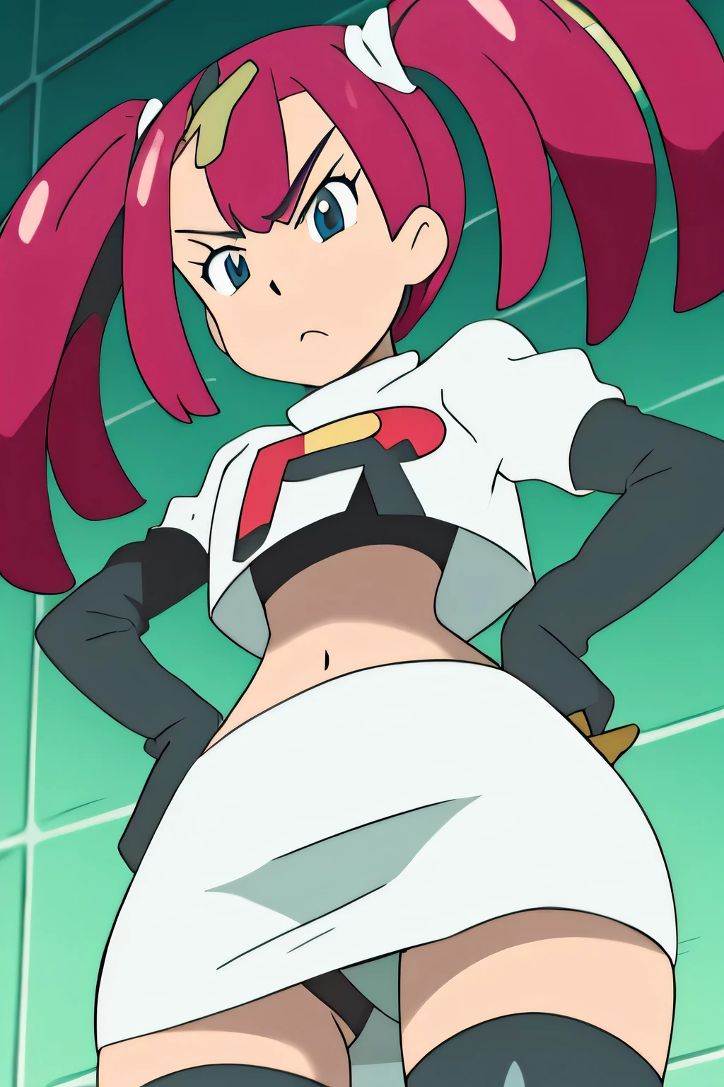 8k, masterpiece,highres, team rocket uniform, red letter r, white skirt,white crop top,black thigh-high boots, black elbow gloves, glaring angrily, looking down at viewer, hands on , cowboy shot,zettai ryouiki,from below, black panties,anime style, vivid colors, sharp focus, intense lighting,sango, pokemon