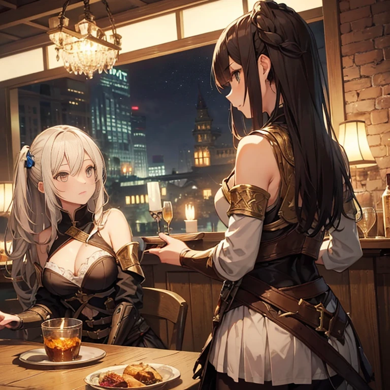 A group of female medieval fantasy adventurers, (in tavern), various hair styles, harem, night, details face, short skirt, seducing, sleeveless, armor