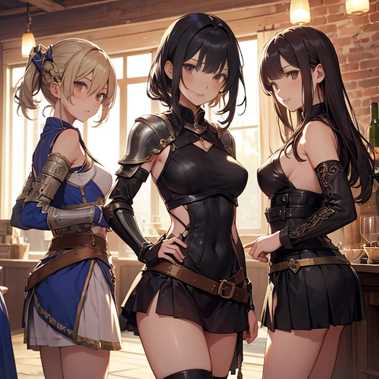 A group of female medieval fantasy adventurers, (in tavern), various hair styles, harem, night, details face, short skirt, seducing, sleeveless, armor, midriff