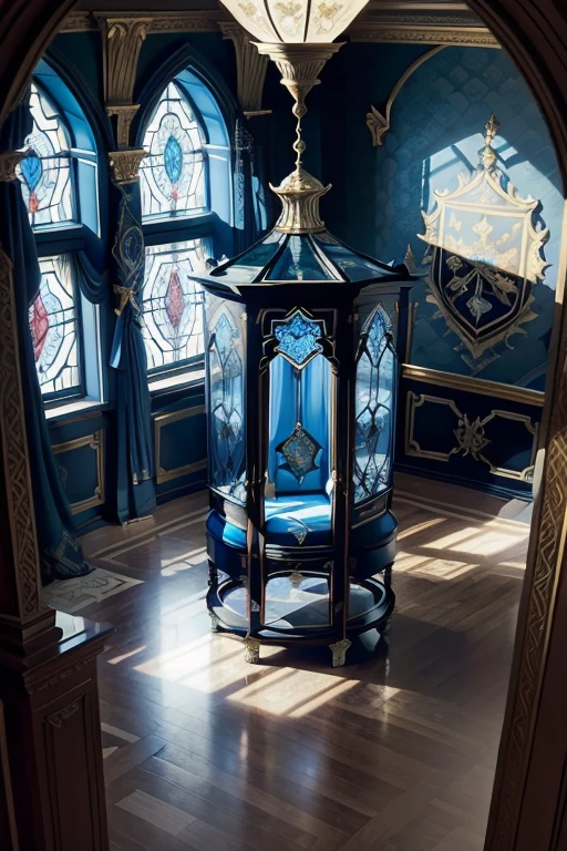 Luxurious room Everything around is richly decorated, Tapestries of blue and white colors hang on the walls, In the center is the coat of arms from a unicorn, rearing up. There are stained-glass windows on the windows and beautiful images. A solemn and majestic atmosphere, luxury, wealth, grandeur, power