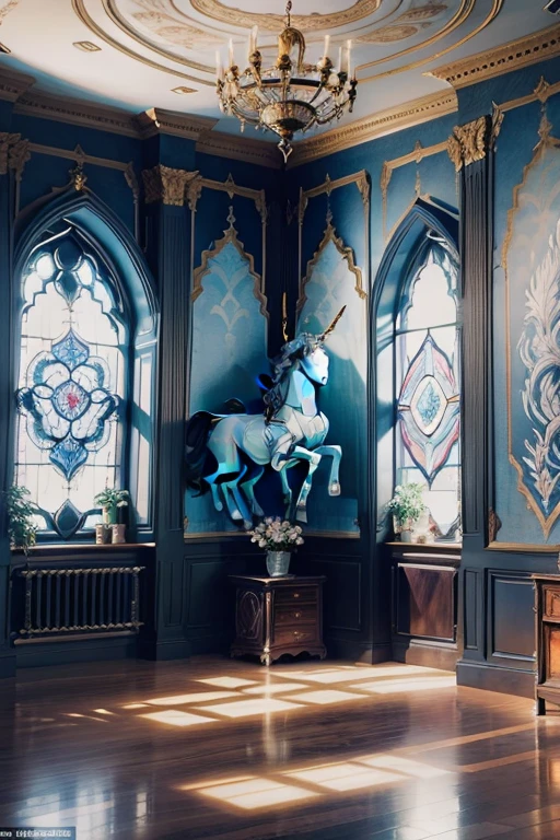 Luxurious room Everything around is richly decorated, Tapestries of blue and white colors hang on the walls, In the center is the coat of arms from a unicorn, rearing up. There are stained-glass windows on the windows and beautiful images. A solemn and majestic atmosphere, luxury, wealth, grandeur, power