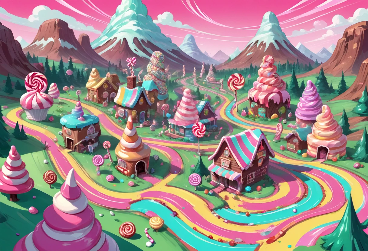 illustrate hand drawn, showcase of candy land aesthetics, candy land, sinister extreme metal frontierer art style reference glitch, overwhelming glitches, glitching, glitch art, glitch art style, Vanellope von Schweetz, sugar rush racer, racer kart at max speed through candy land, glitch art style, glitches, Joelle Jones expressive ink illustration, rotoscope wacky racers style reference, sense of movement and speed while racing kart race, (Vanellope has long, raven-black hair with candy sprinkled over it in a high ponytail, chibi style, outfit is a mint green hoodie with a dark brown double-layered skirt that resembles the wrapping of a peanut butter cup), dynamic wideshot background backdrop tex avery style Candy Land, cinematic, peppermint stick forest, a peanut brittle house, a molasses swamp, and a gumdrop mountain, John Ford western Candy Land skyline, blend of cinematic screengrab and panaramic view of candy land board game from above
